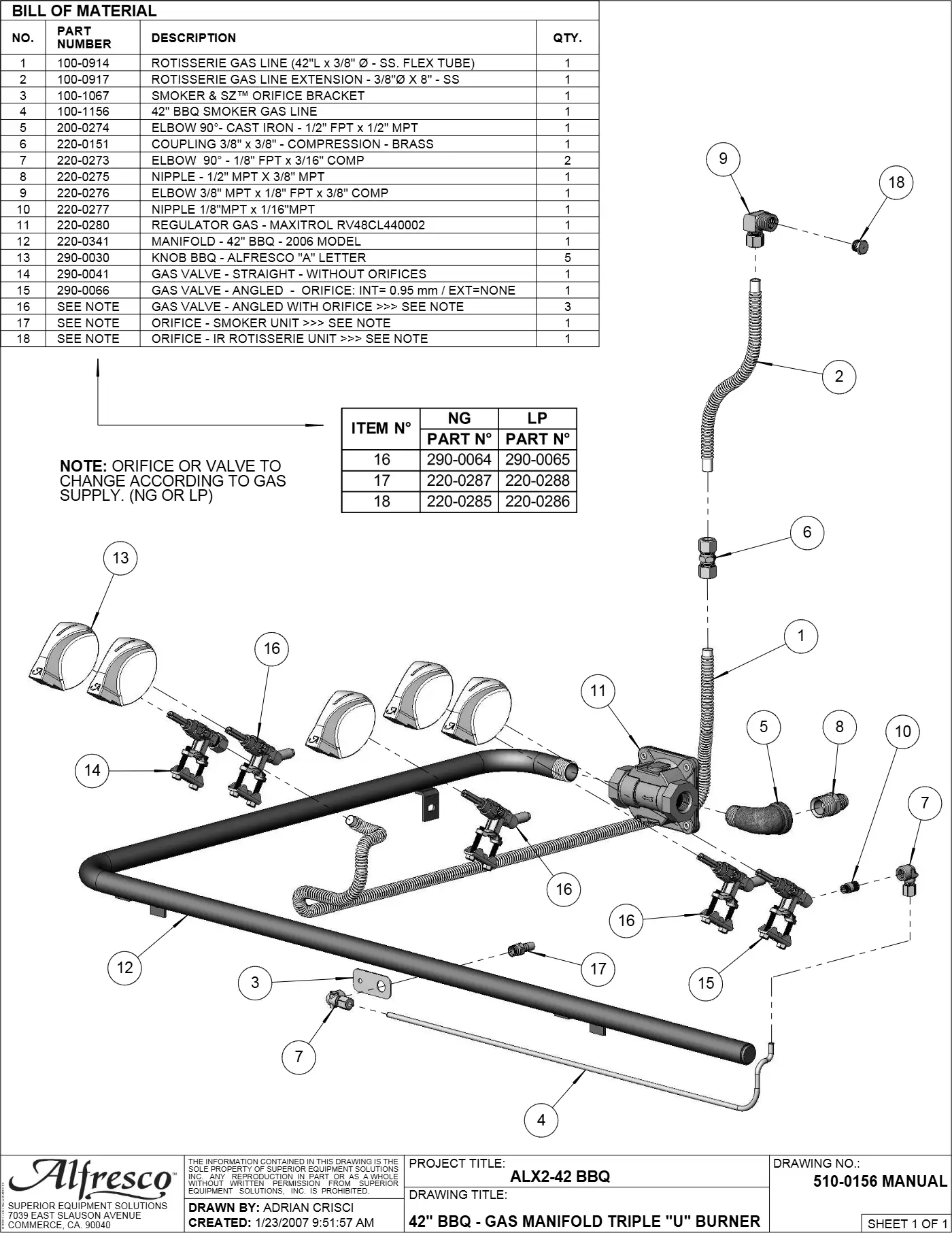 ALX2-42 Grill Gas Manifold Triple "U" Burner parts diagram