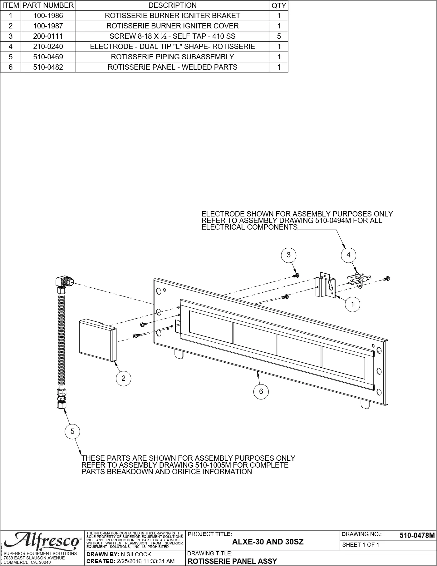 ALXE-30 and ALXE-30SZ Grill Rotisserie Panel Assy parts diagram