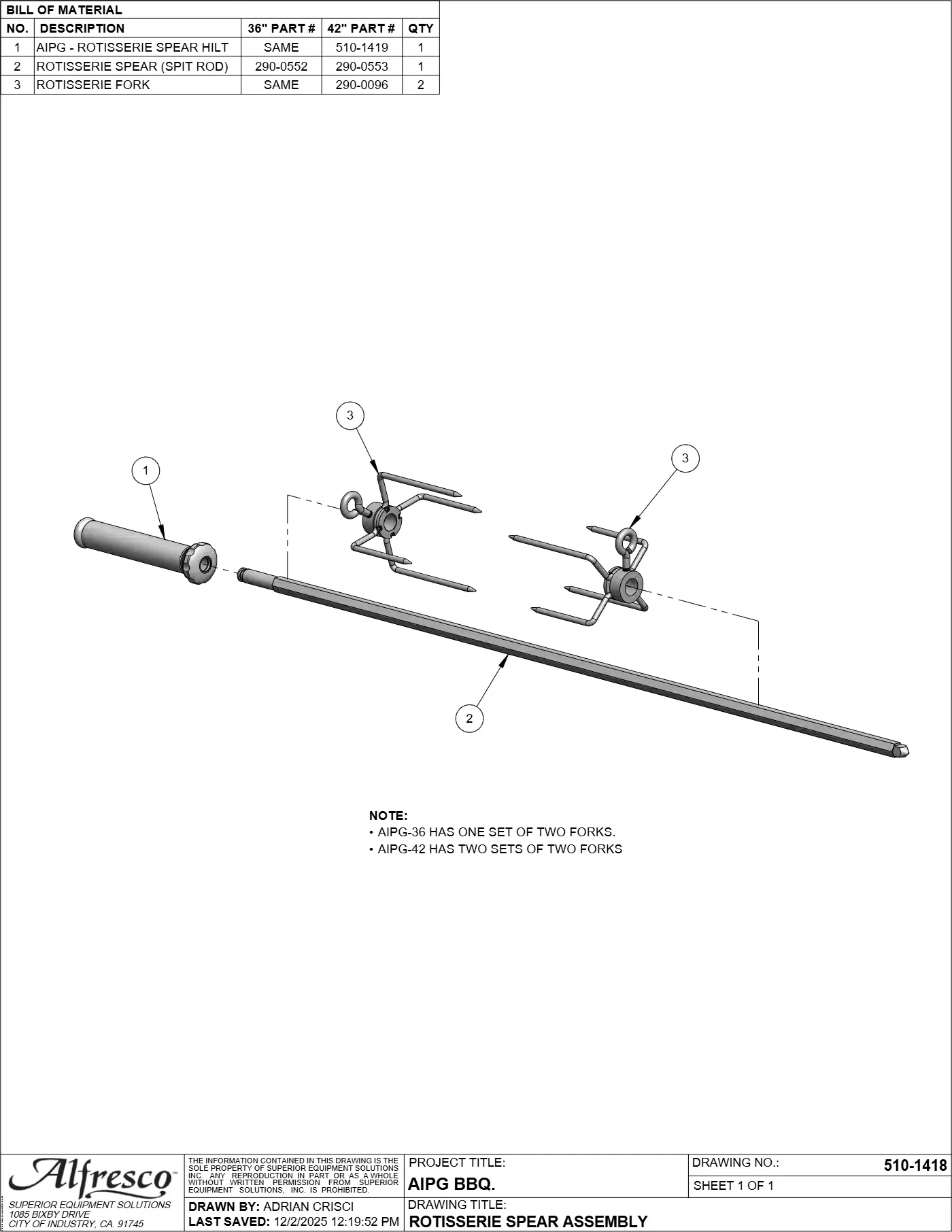AIPG-36 and AIPG-42 Grill Rotisserie Spear Assembly parts diagram