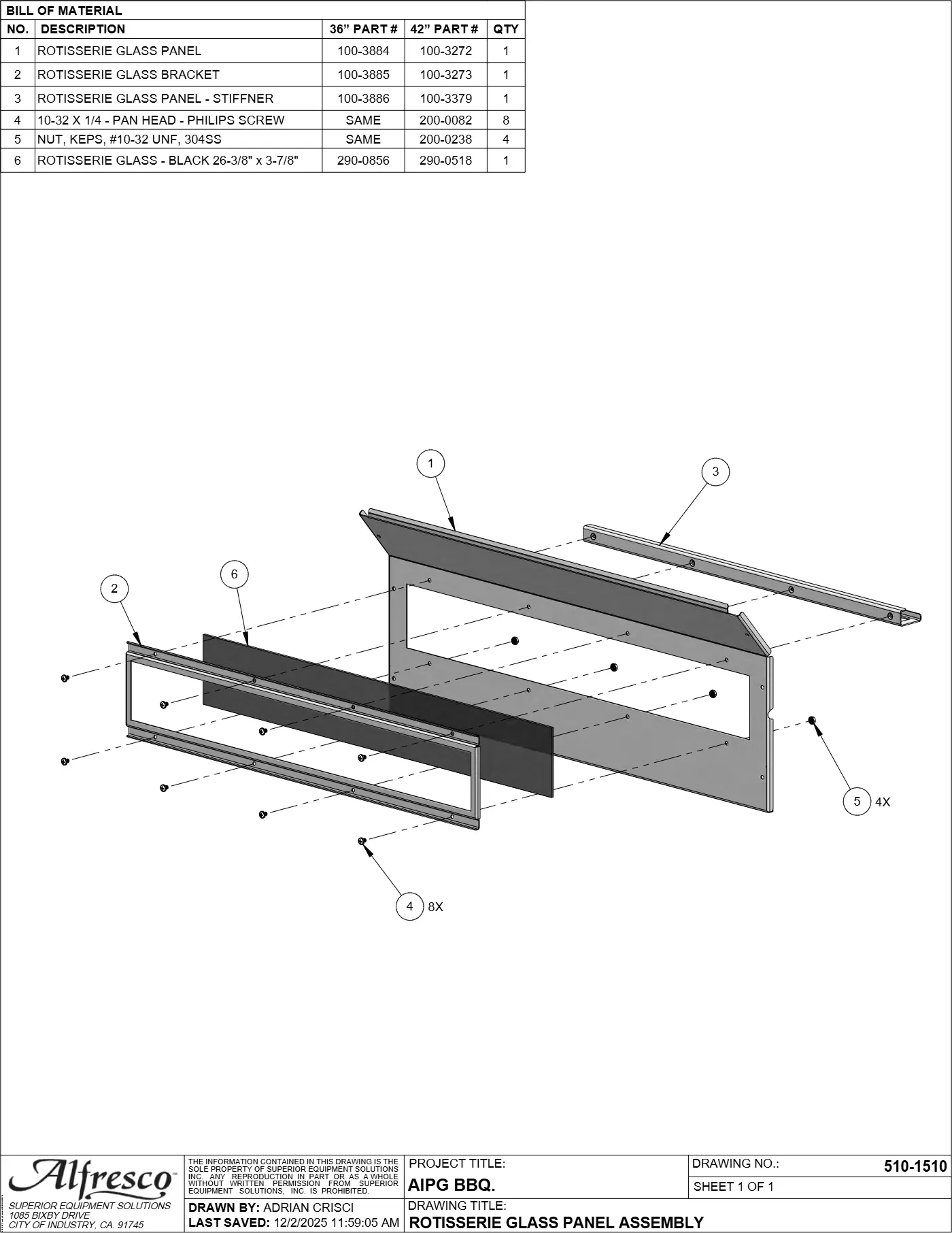 AIPG-36 and AIPG-42 Grill Rotisserie Glass Panel Assembly parts diagram