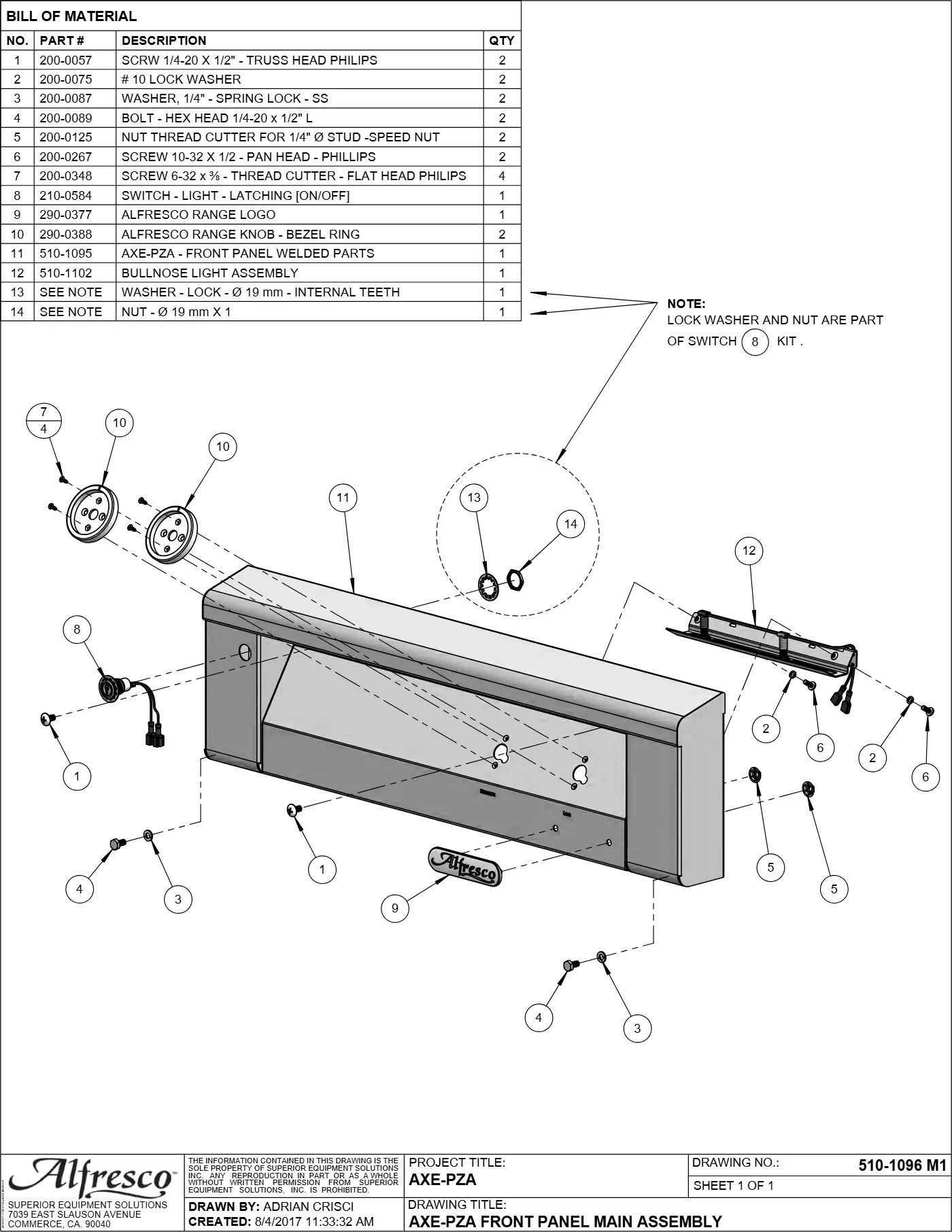 AXE-PZA Pizza Oven Plus Front Panel Main Assembly parts diagram