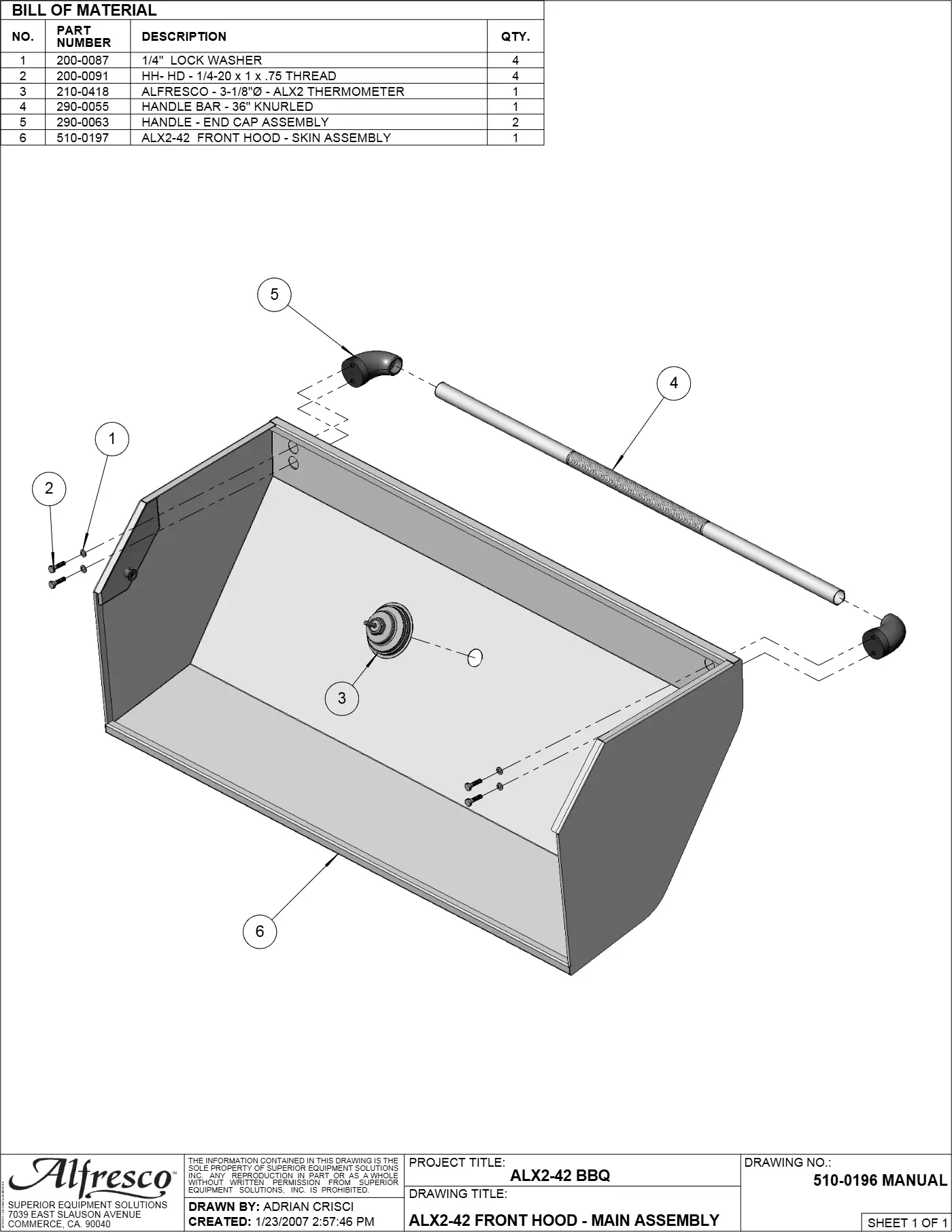 ALX2-42SZ Sear Zone Grill Front Hood - Main Assembly parts diagram