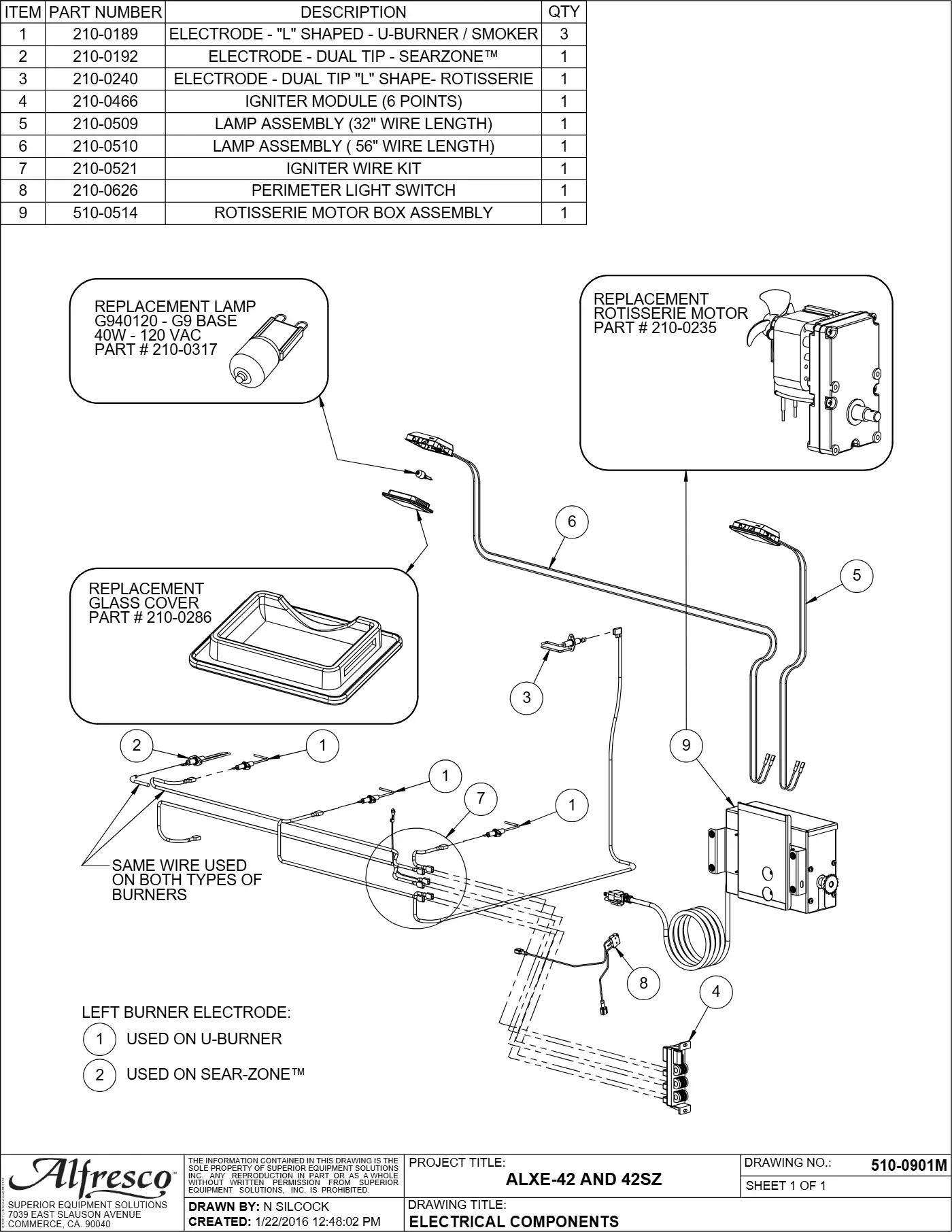 ALXE-42 and ALXE-42SZ Grill Electrical Components parts diagram