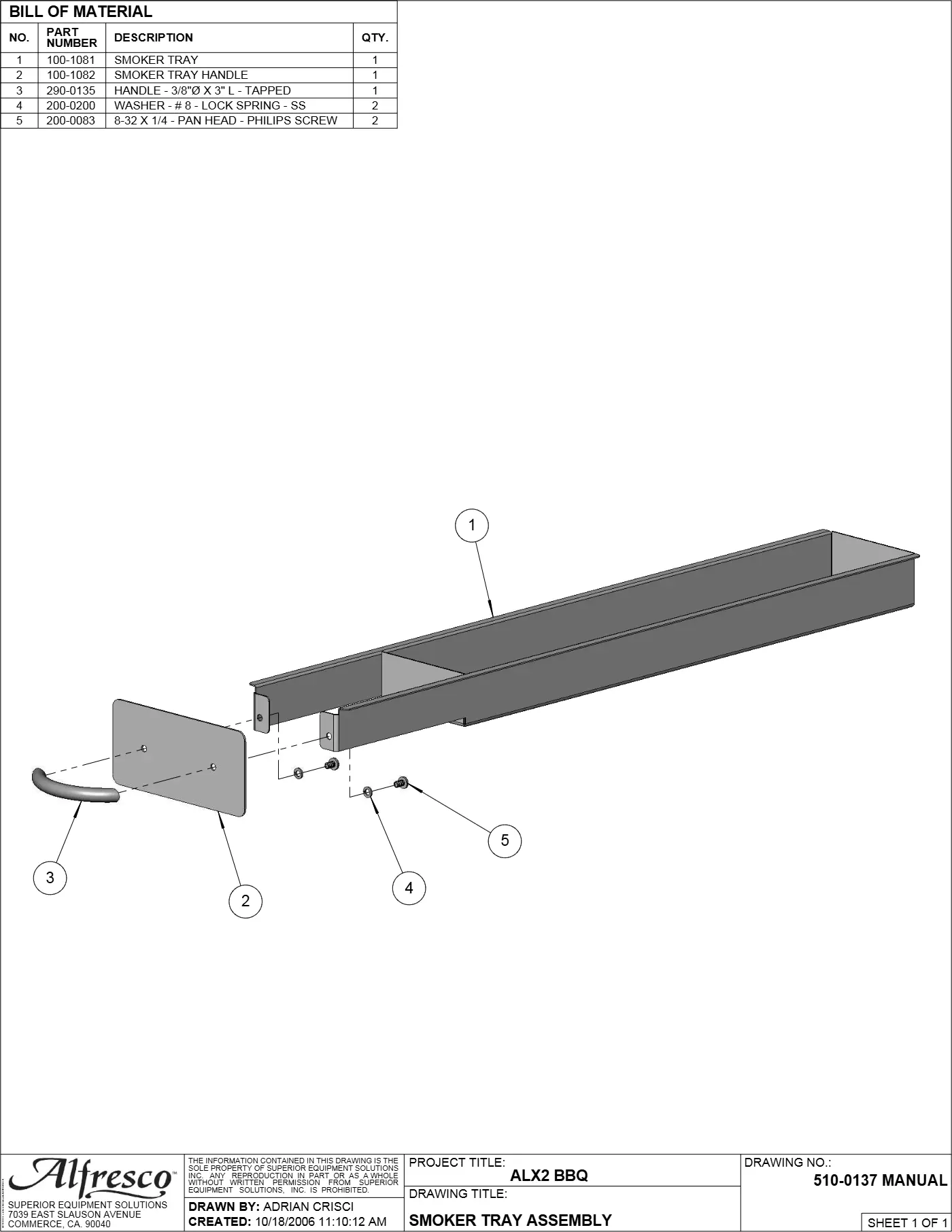 ALX2-30 Grill Smoker Tray Assembly parts diagram