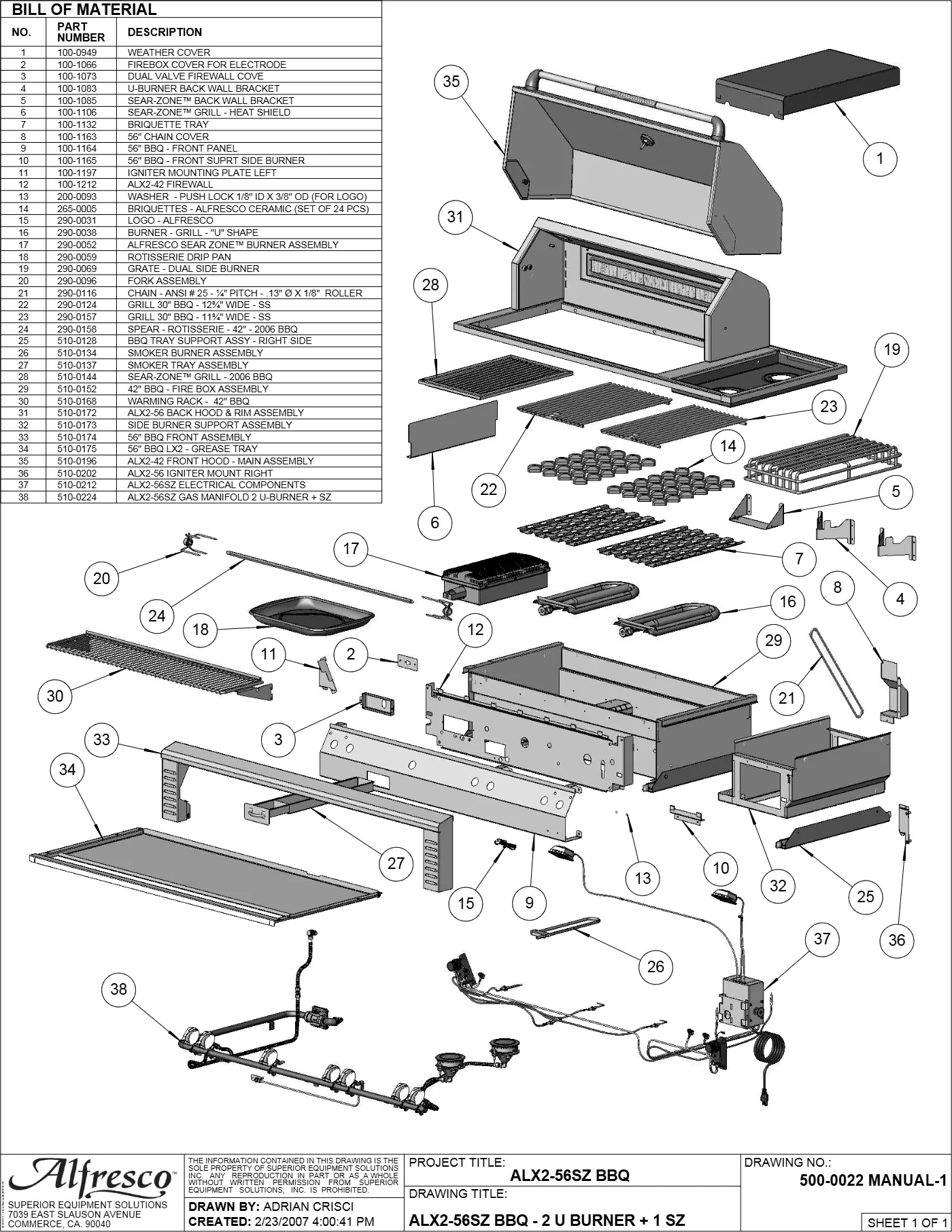 ALX2-56SZ Sear Zone Grill Complete Unit (Main Assembly) parts diagram