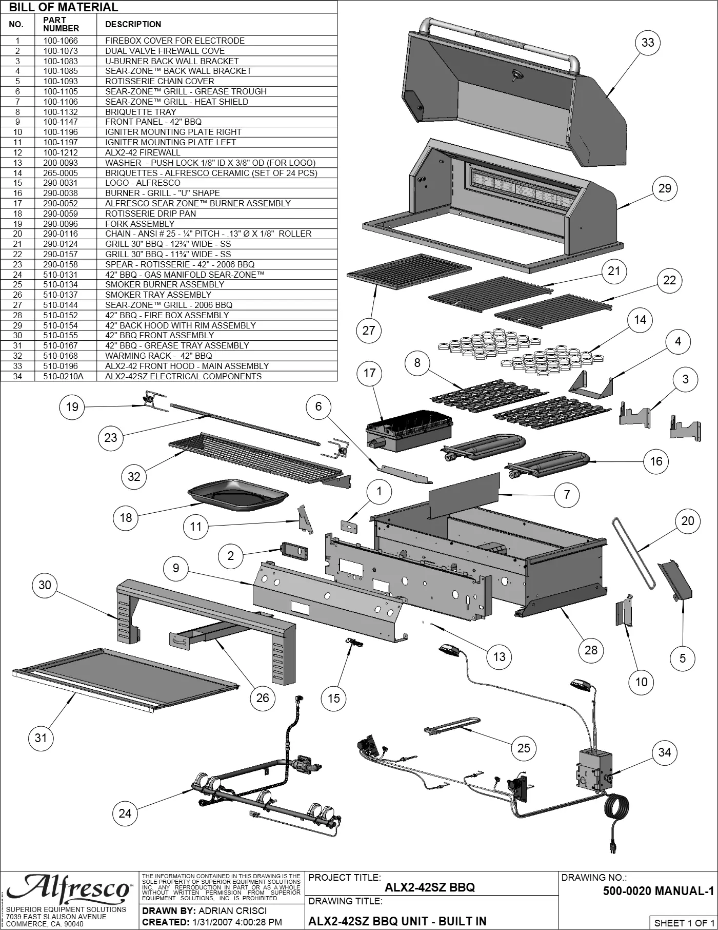 ALX2-42SZ Sear Zone Grill BBQ Unit - Built In parts diagram