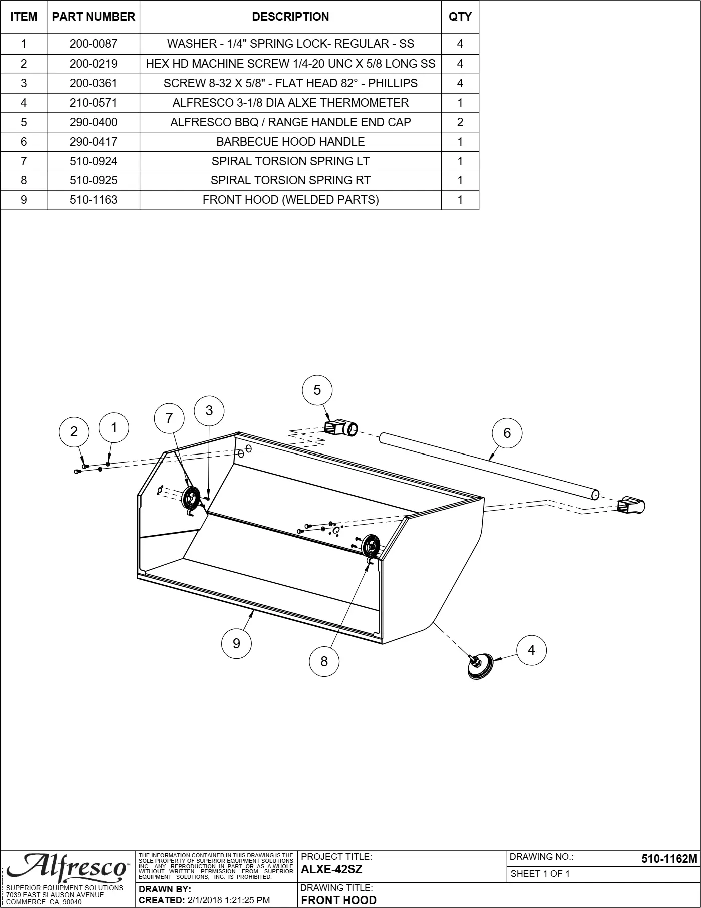 ALXE-56 and ALXE-56SZ Grill Front Hood parts diagram