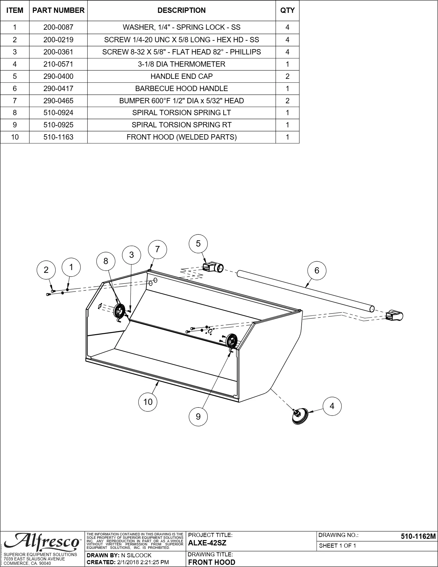 ALXE-42 and ALXE-42SZ Grill Front Hood parts diagram