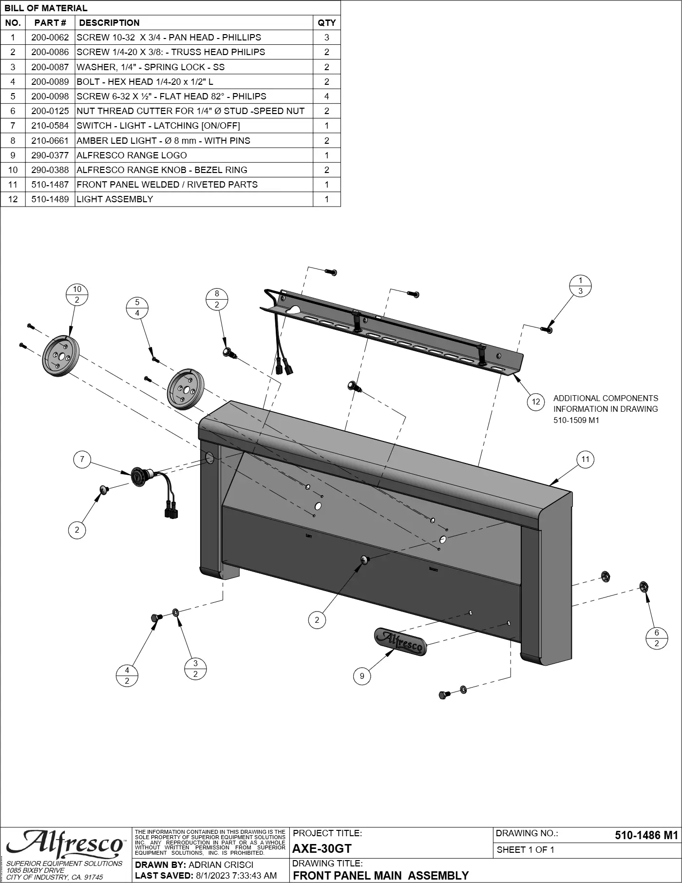 AXE-30GT Dual Zone Griddle Front Panel Main Assembly parts diagram