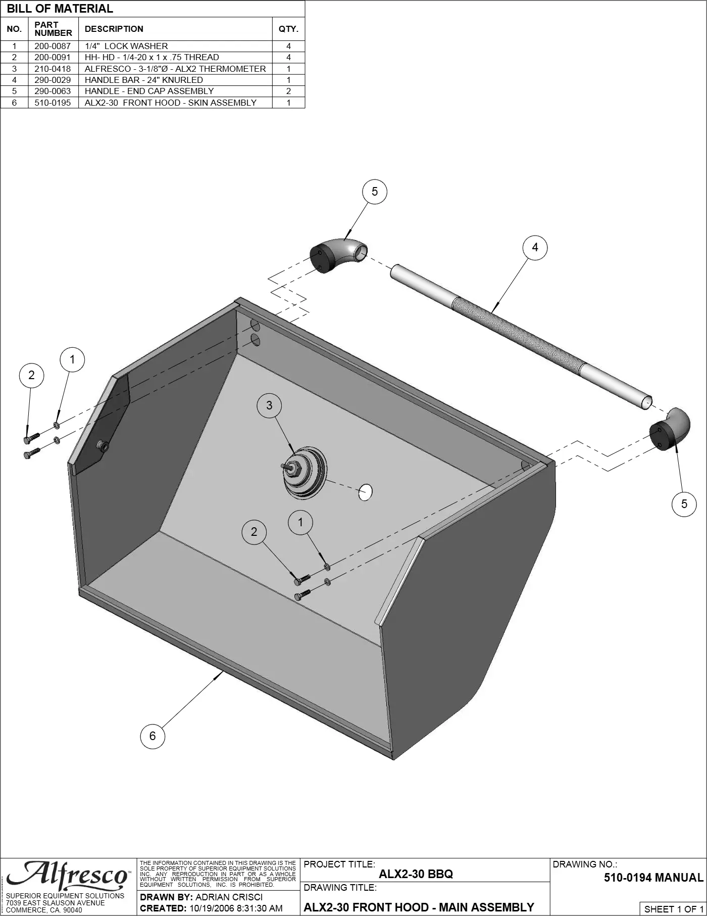 ALX2-30 Grill Front Hood - Main Assembly parts diagram