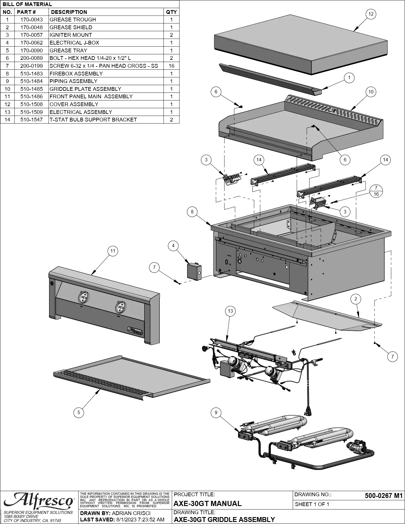 AXE-30GT Dual Zone Griddle Complete Unit (Main Assembly) parts diagram