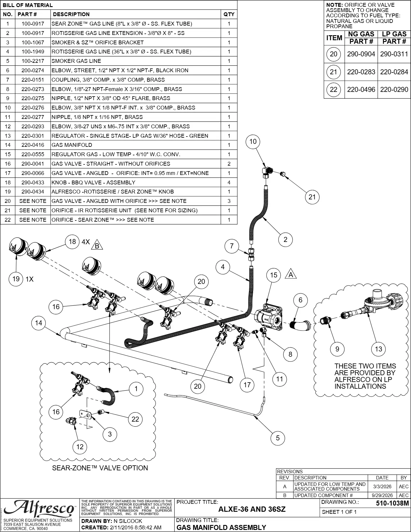 ALXE-36 and ALXE-36SZ Grill Gas Manifold Assembly parts diagram