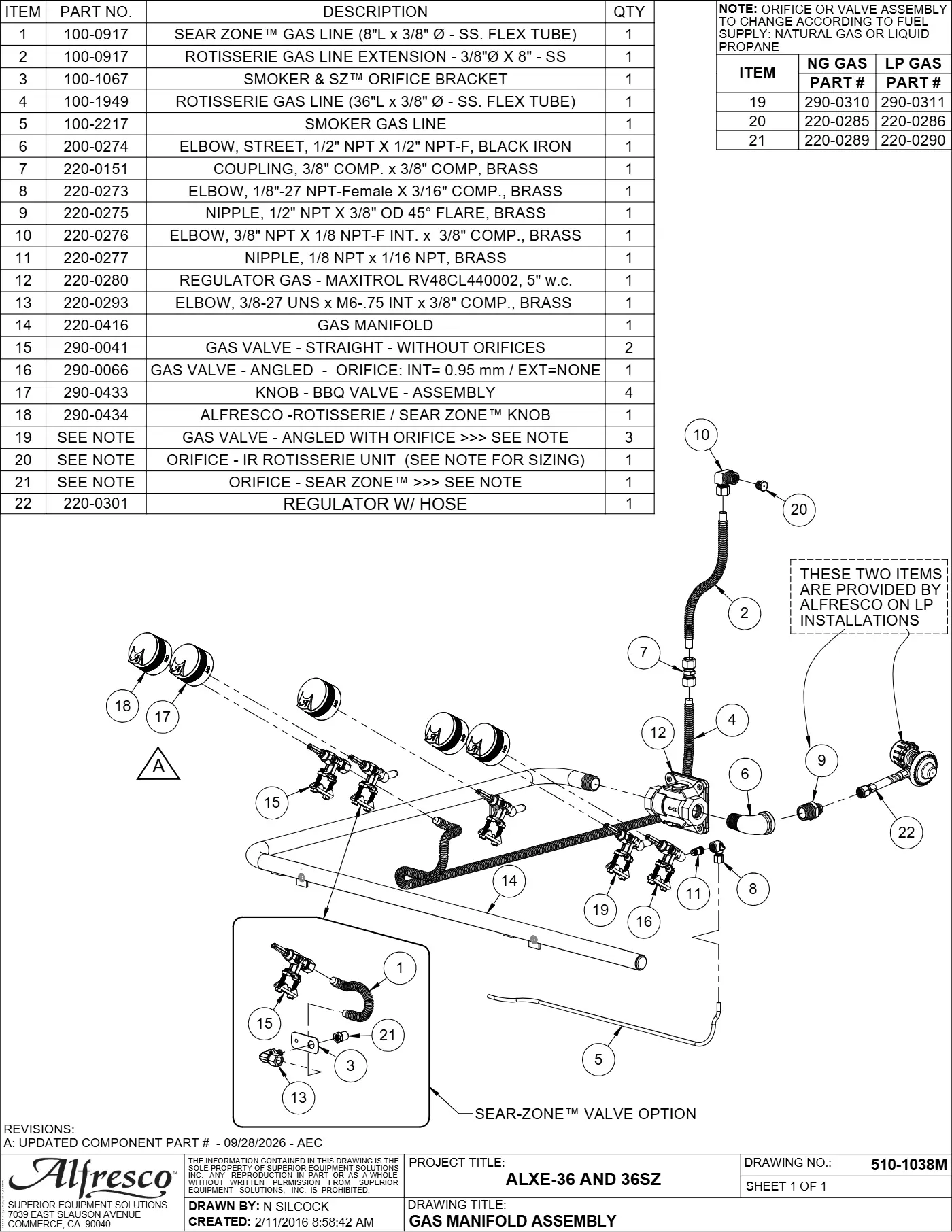 ALXE-36 and ALXE-36SZ Grill Gas Manifold Assembly parts diagram