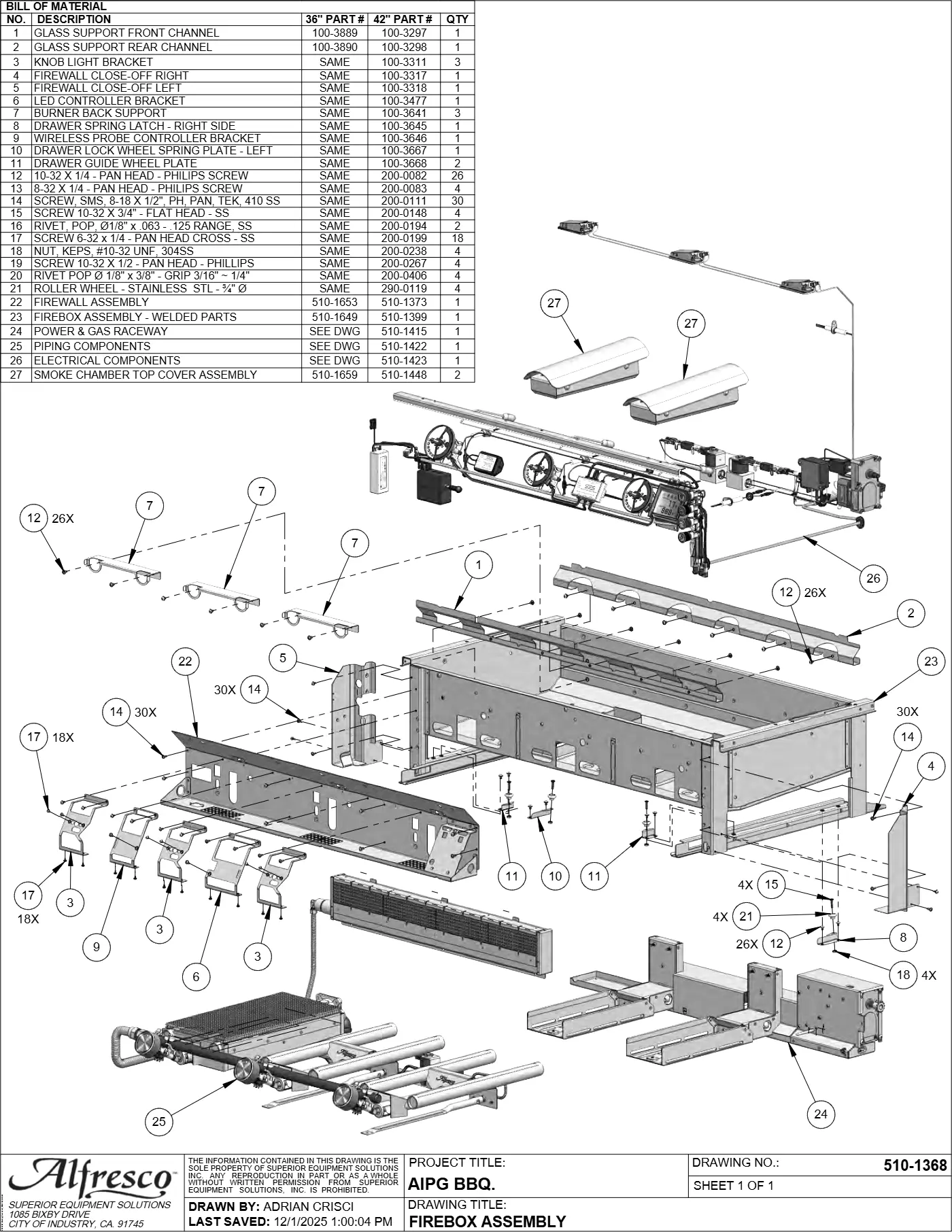AIPG-36 and AIPG-42 Grill Firebox Assembly parts diagram