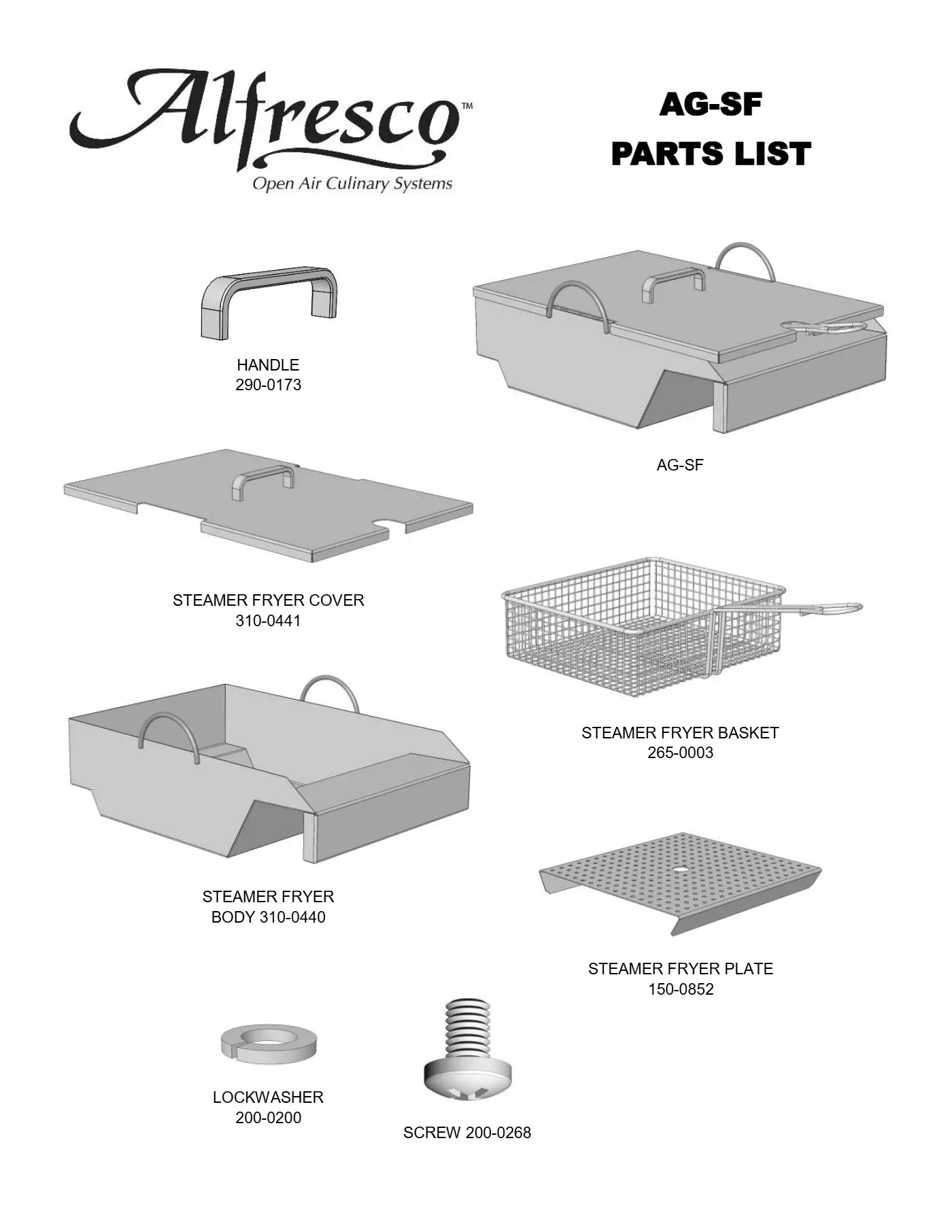 AG-SF Steamer Fryer Parts parts diagram