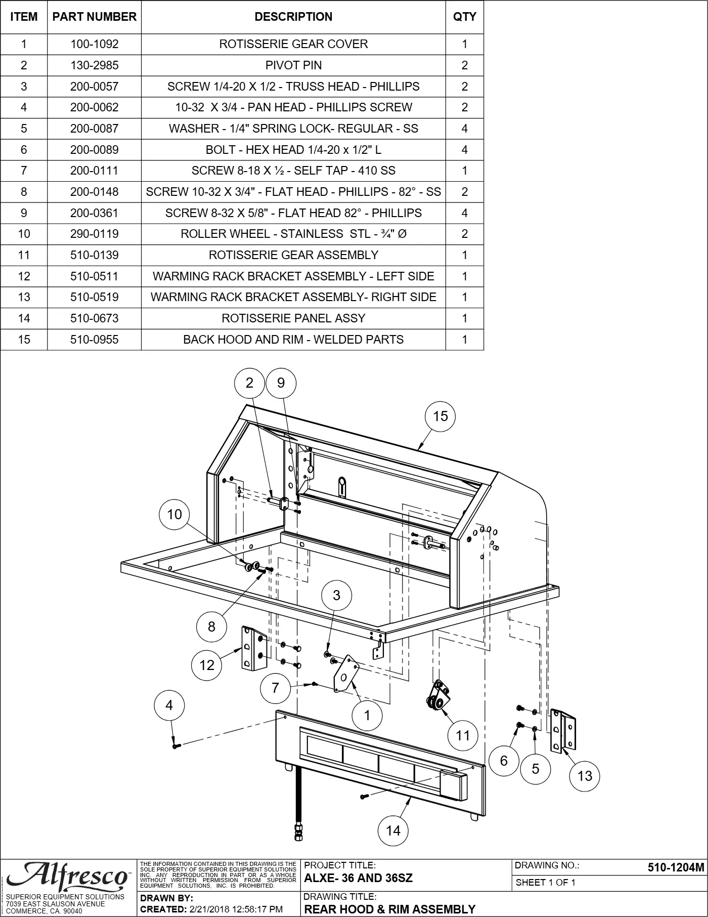 ALXE-36 and ALXE-36SZ Grill Rear Hood & Rim Assembly parts diagram