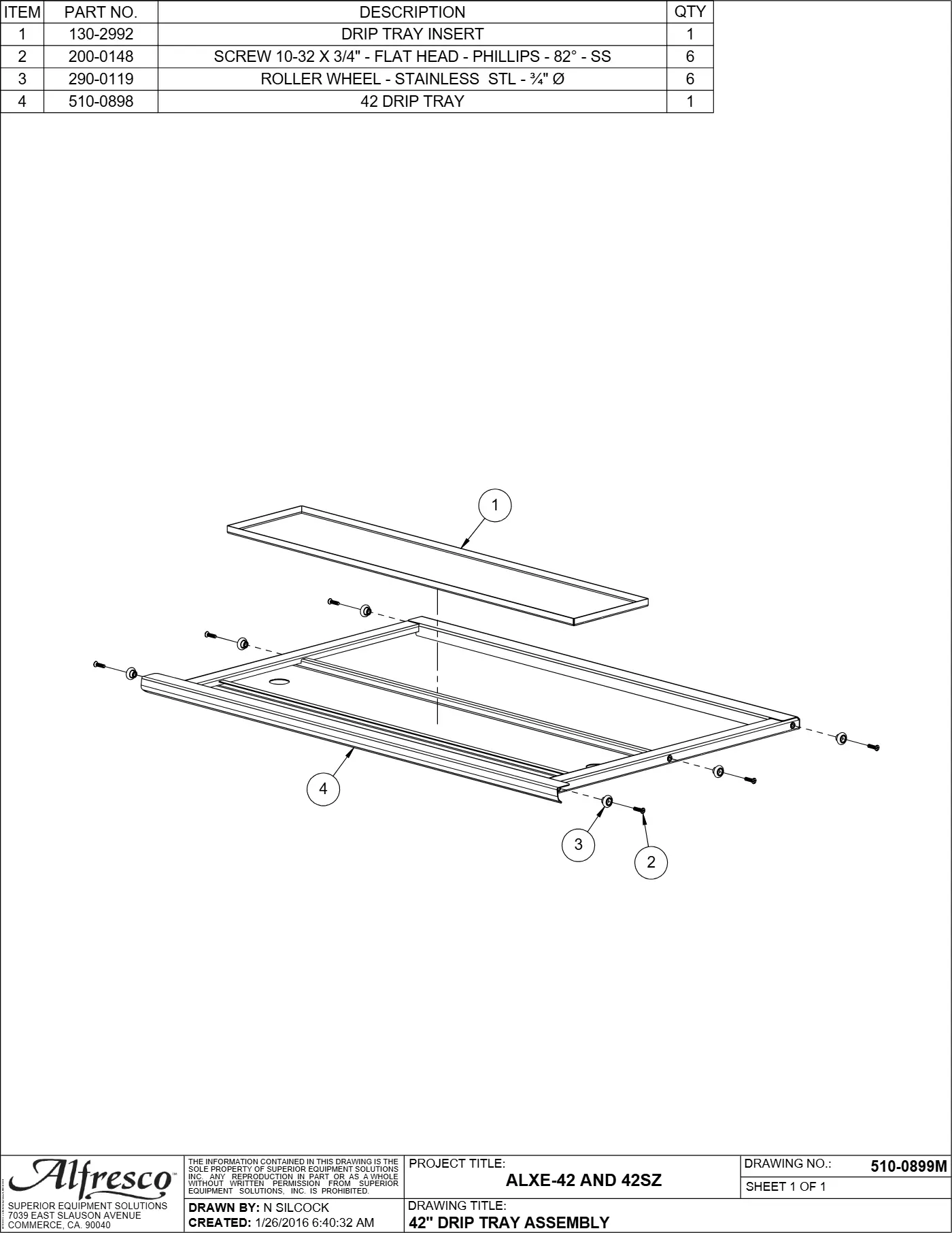 ALXE-42 and ALXE-42SZ Grill 42" Drip Tray Assembly parts diagram