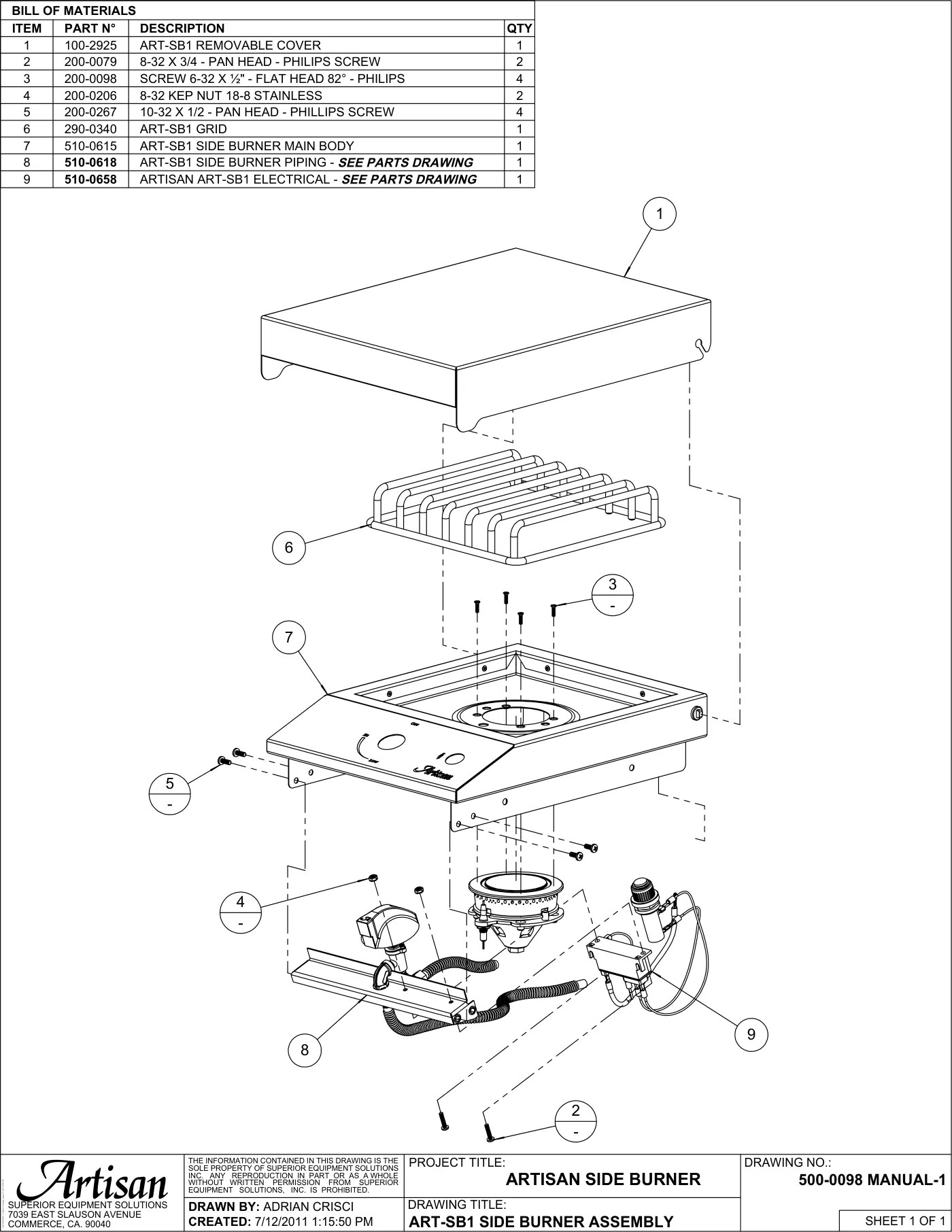 ART-SB1 Single Side Burner Complete Unit (Main Assembly) parts diagram