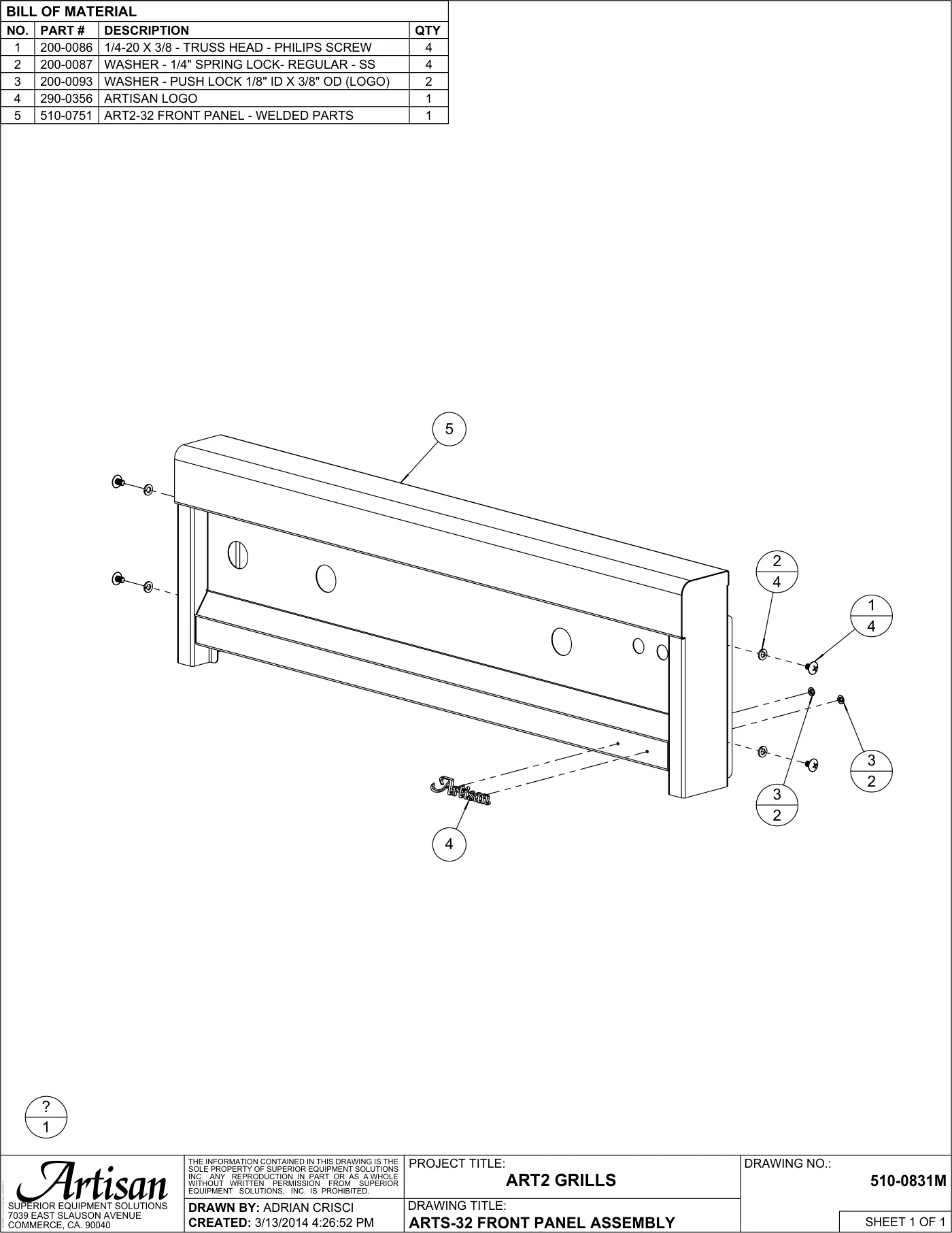 ART2-32 Grill ARTS-32 Front Panel Assembly parts diagram
