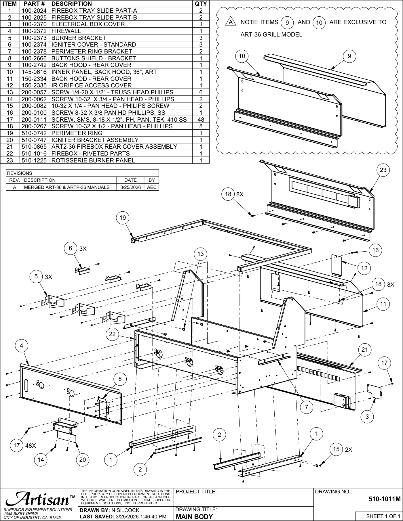 ART-36 and ARTP-36 Grill Main Body parts diagram
