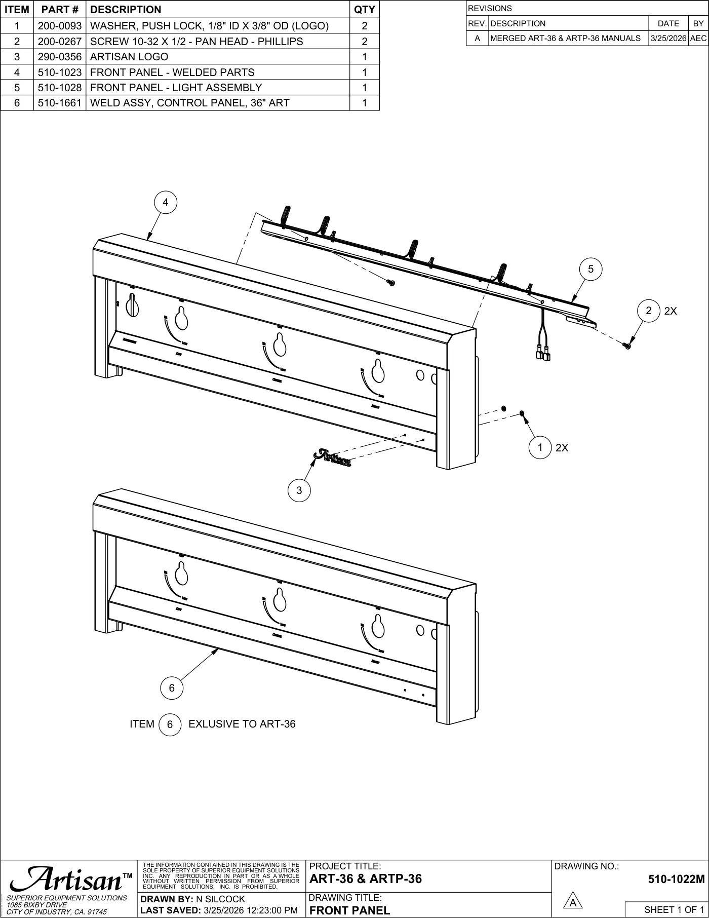 ART-36 and ARTP-36 Grill Front Panel parts diagram