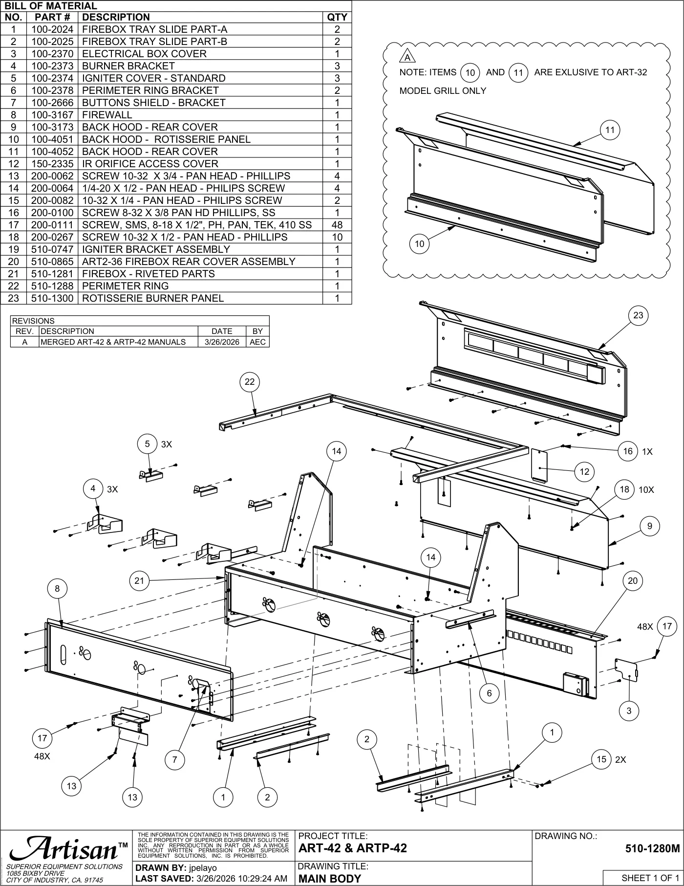 ART-42 and ARTP-42 Grill Main Body parts diagram