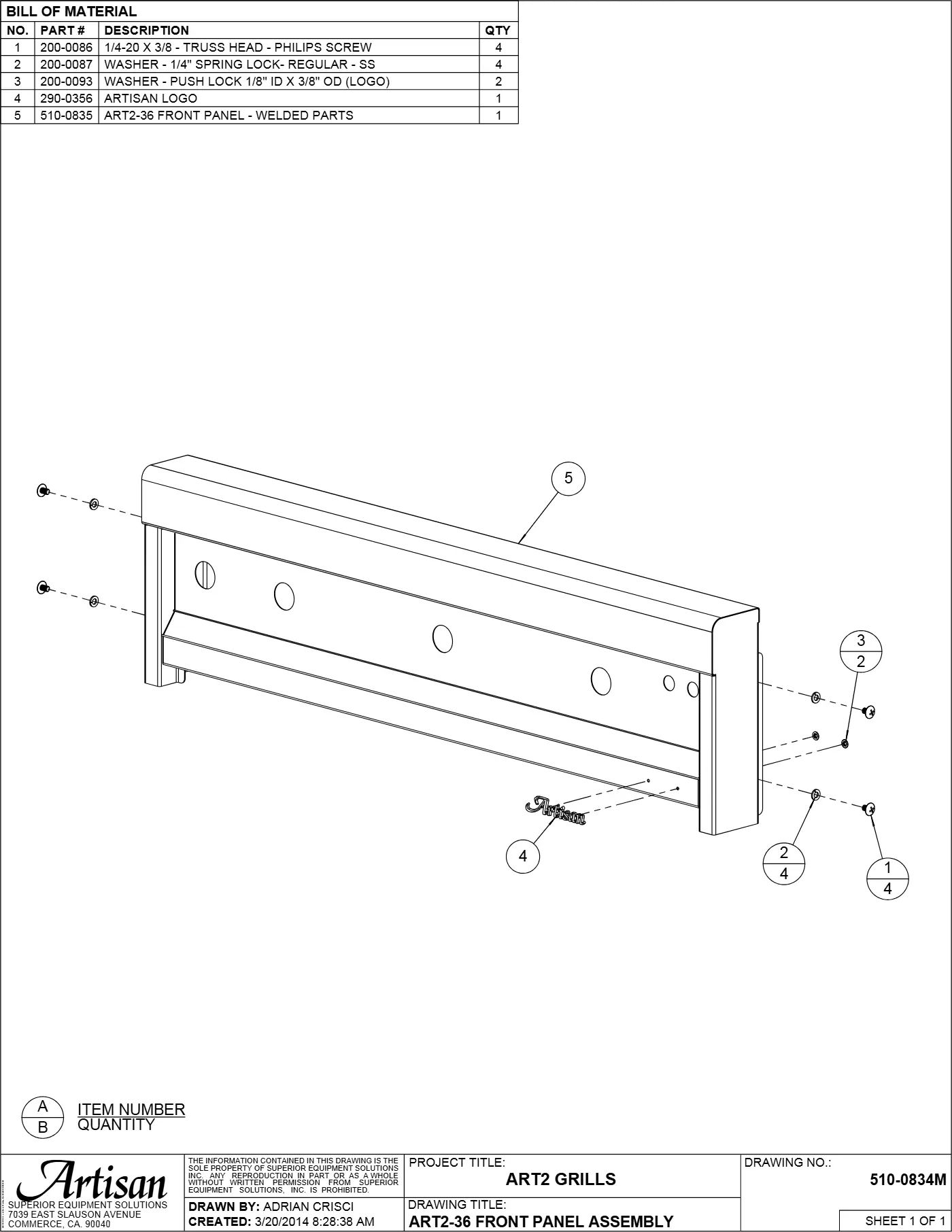 ART2-36 Grill Front Panel Assembly parts diagram
