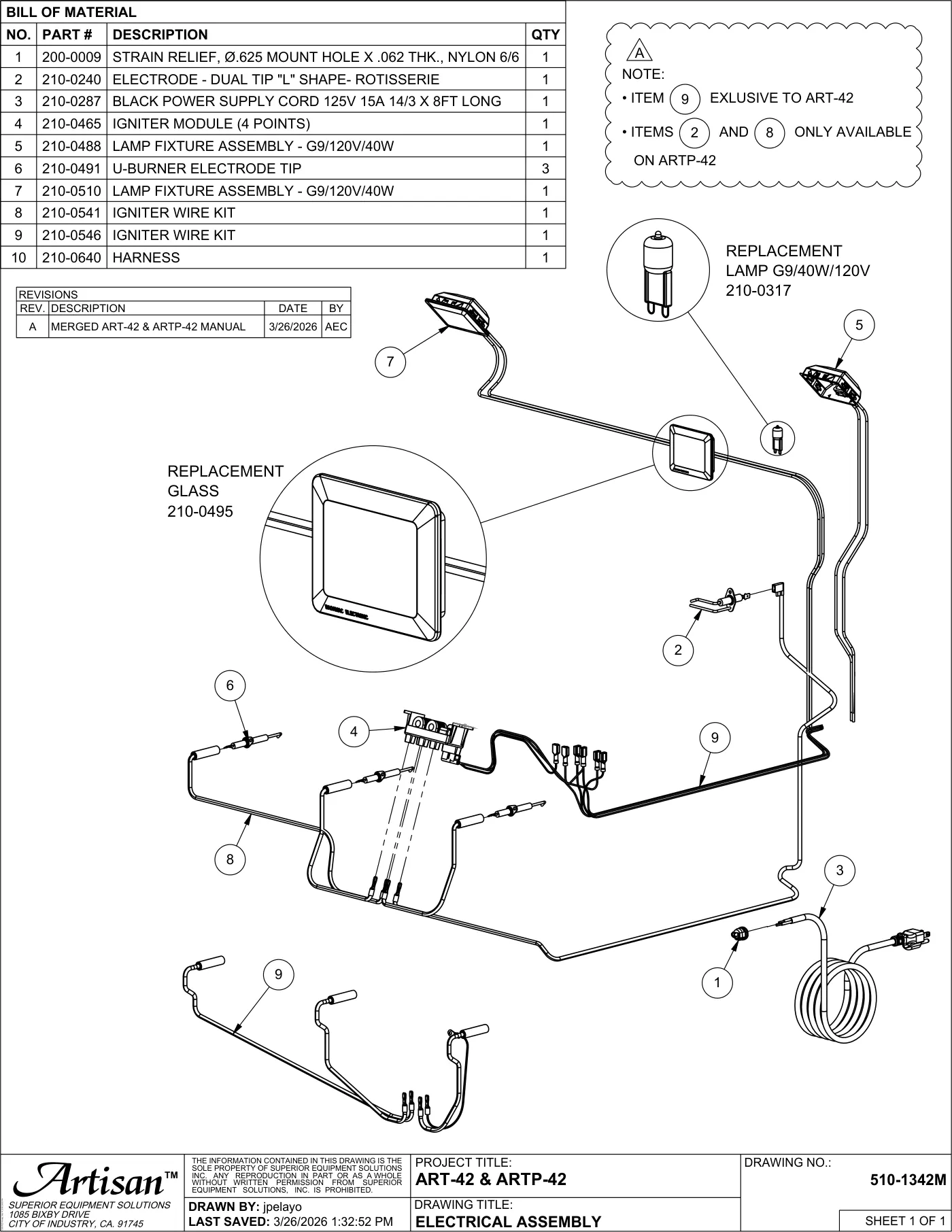 ART-42 and ARTP-42 Grill Electrical Assembly parts diagram