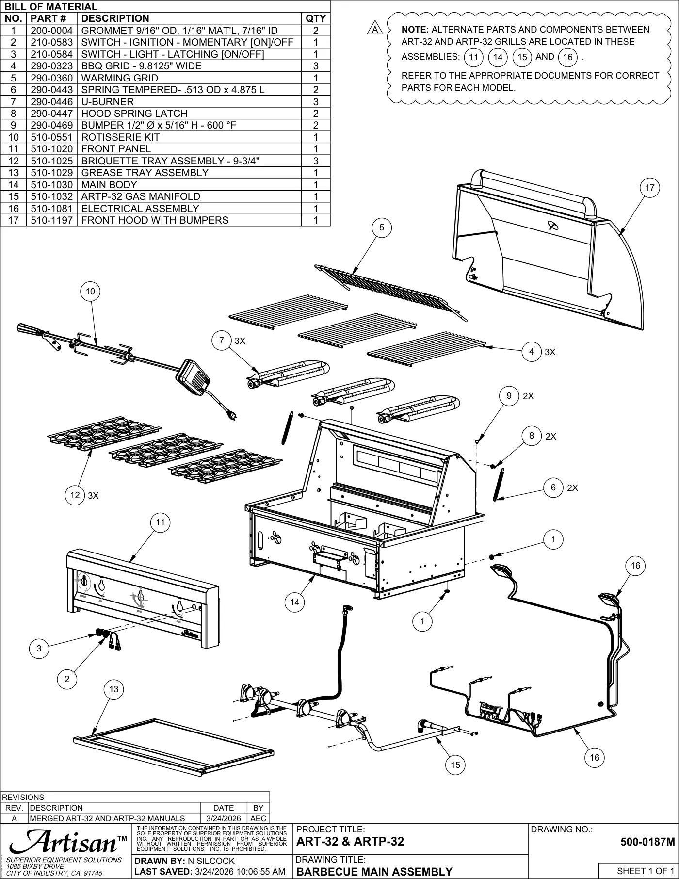 ART-32 and ARTP-32 Grill Complete Unit (Main Assembly) parts diagram