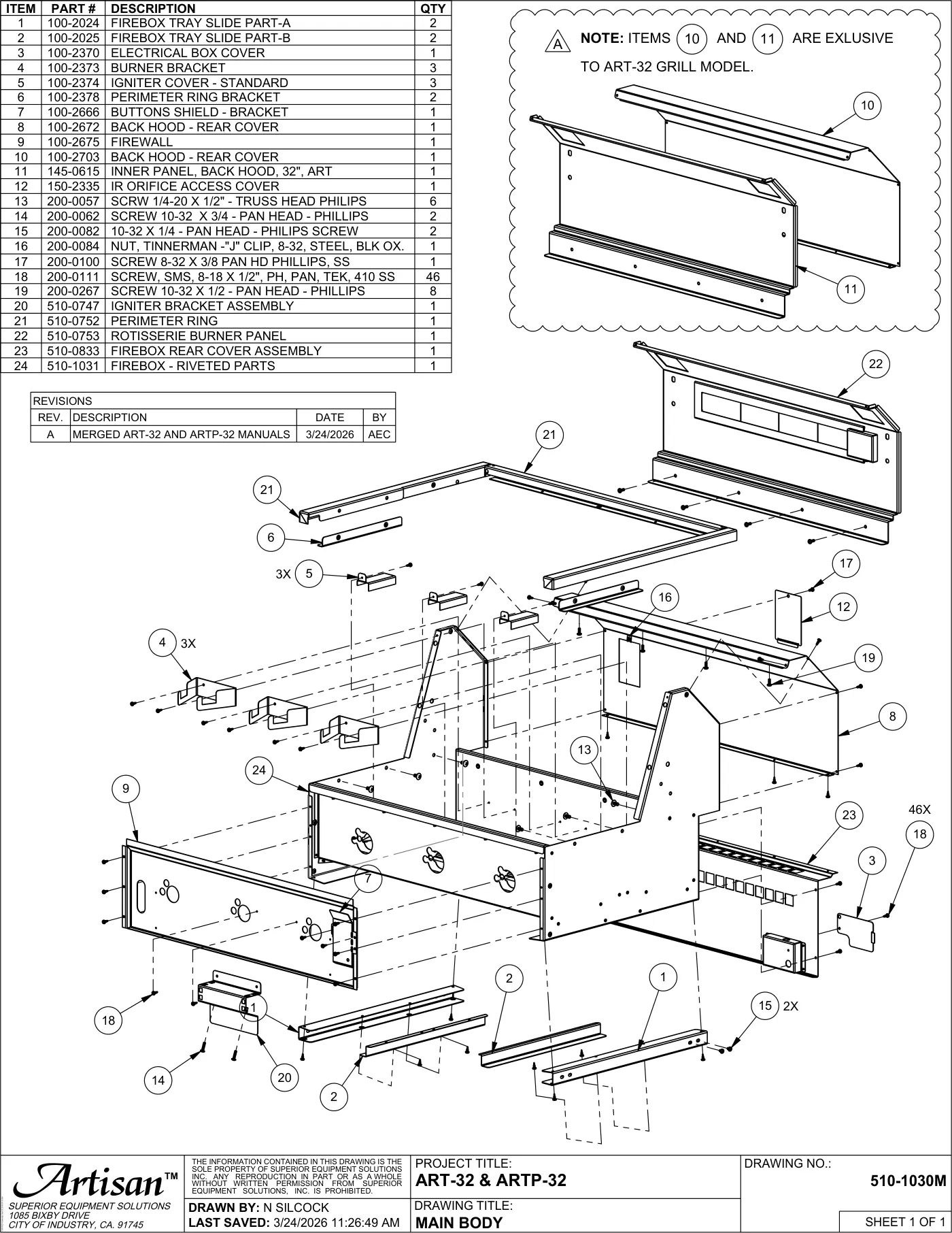 ART-32 and ARTP-32 Grill Main Body parts diagram