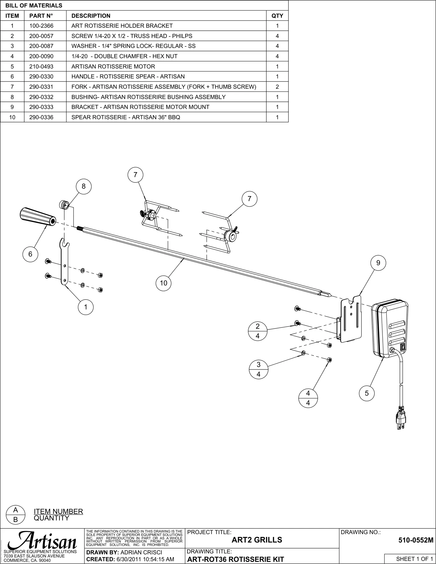 ARTP-36 Grill ART-ROT36 Rotisserie Kit parts diagram