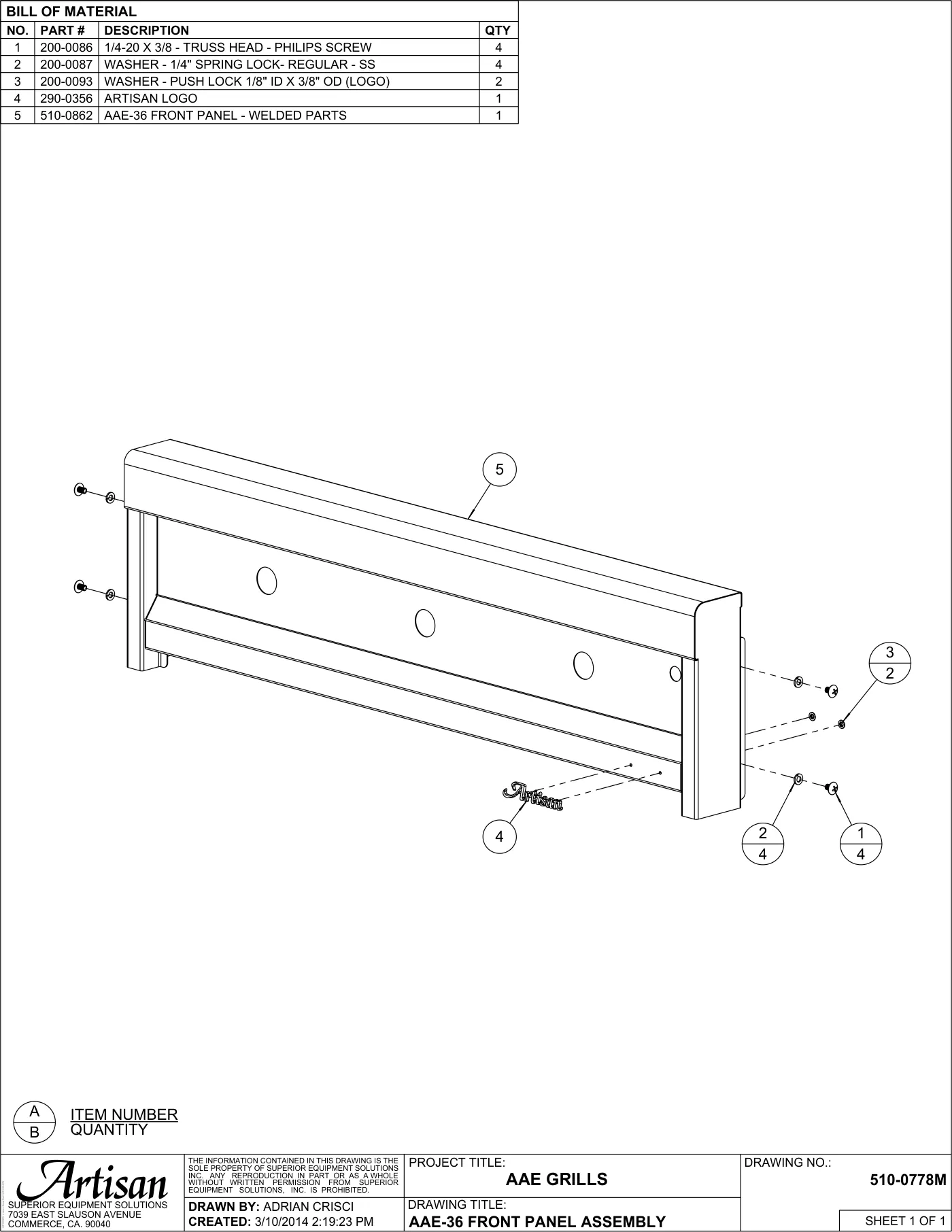 AAE-36 Grill Front Panel Assembly parts diagram