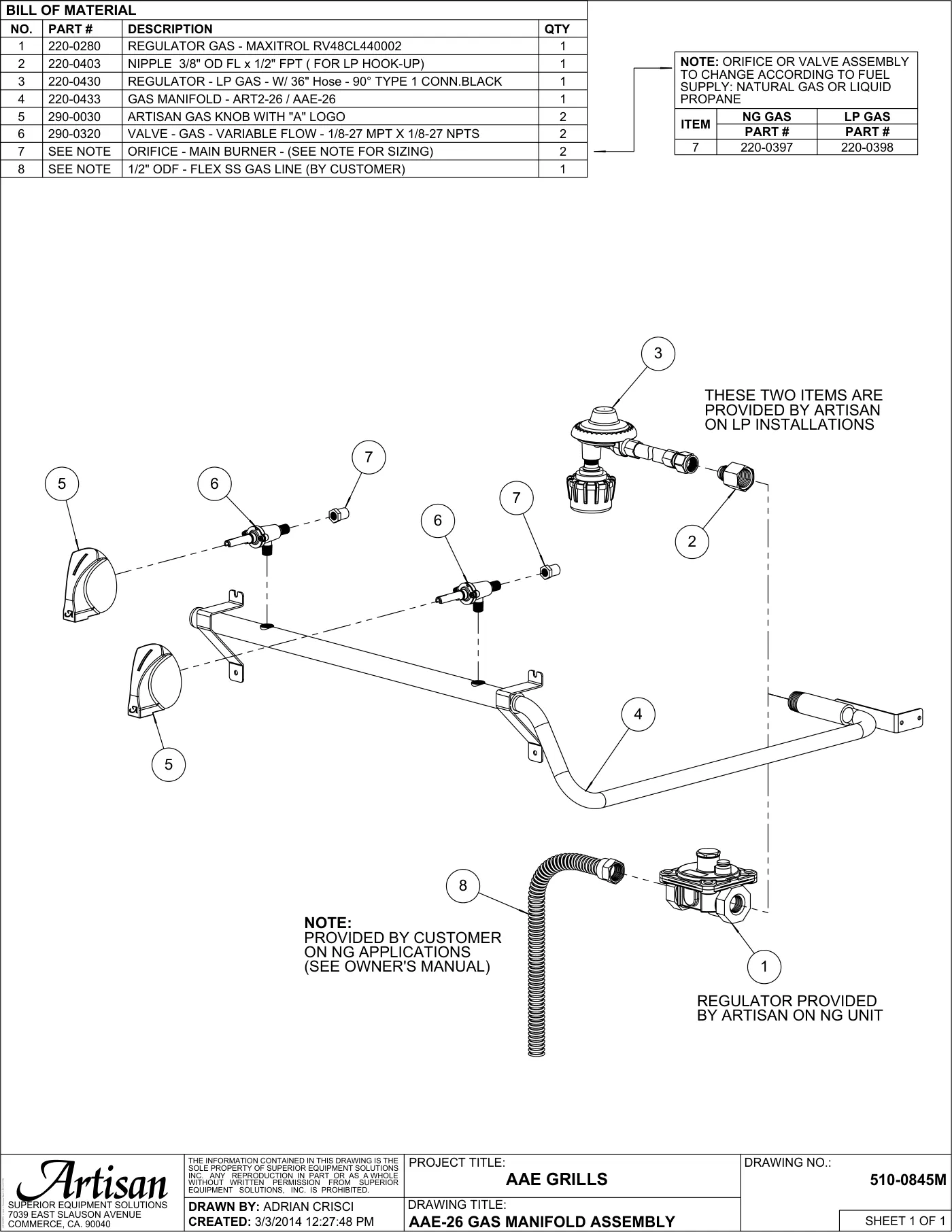 AAE-26 Grill Gas Manifold Assembly parts diagram