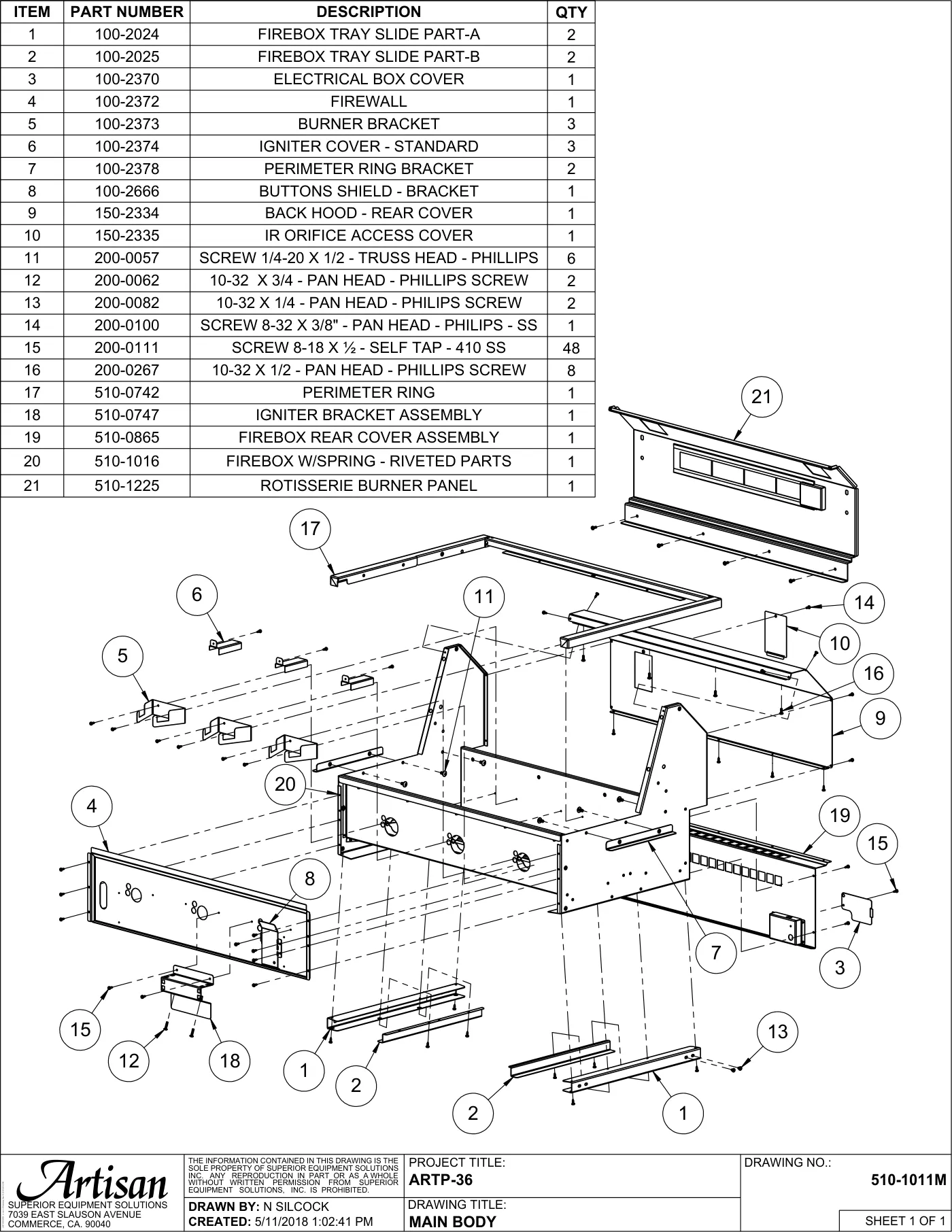 ARTP-36 Grill Main Body parts diagram