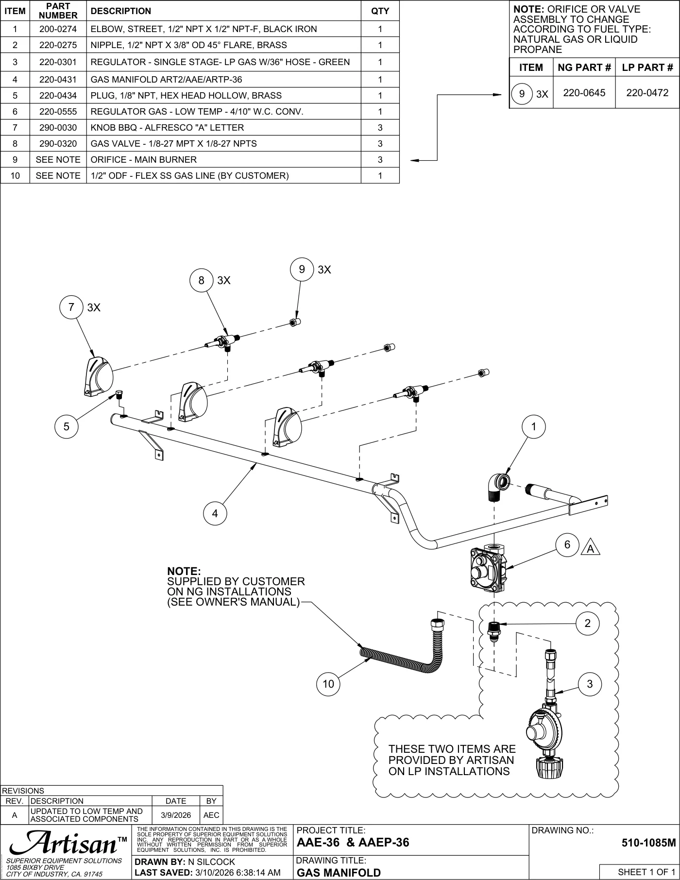 AAEP-36 Grill Gas Manifold parts diagram