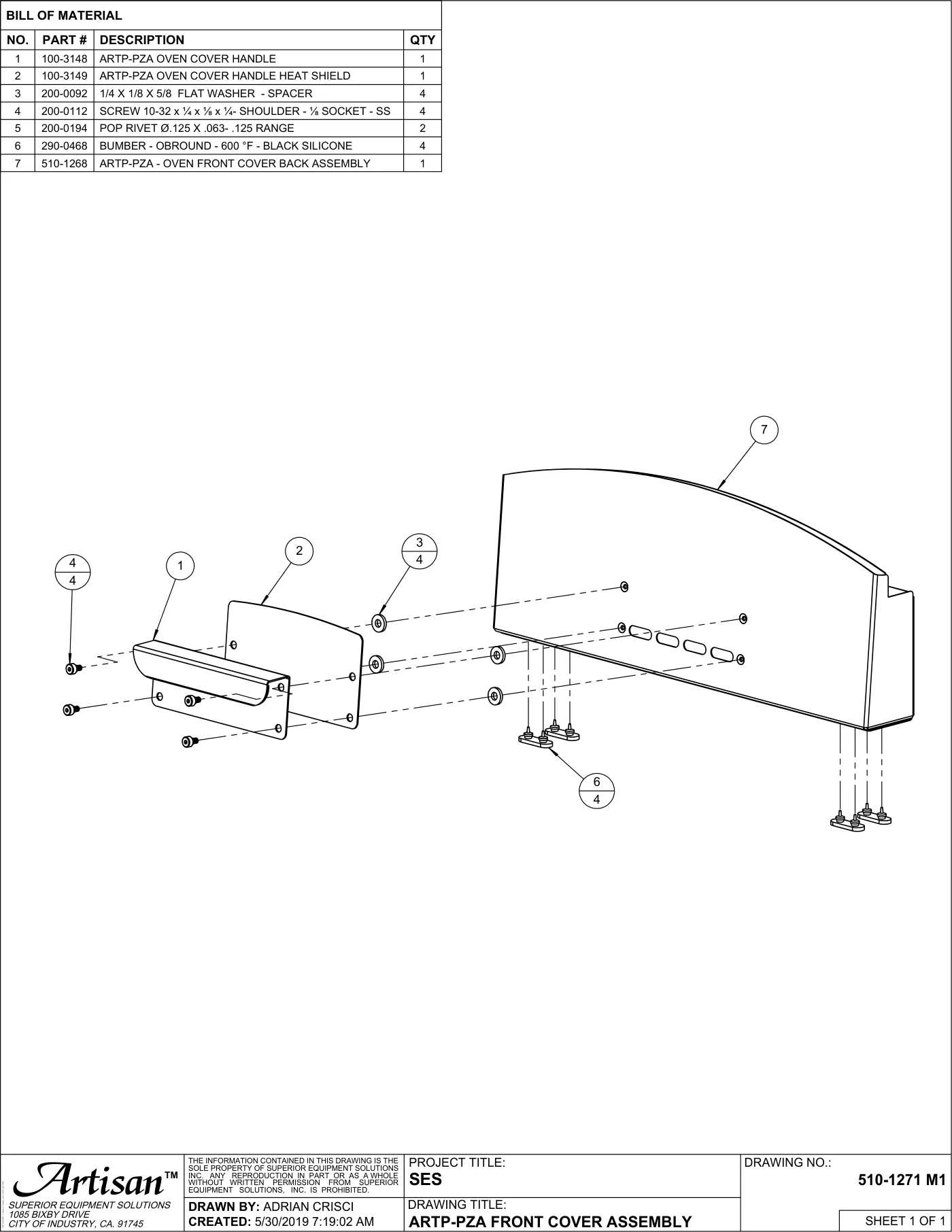 ARTP-PZA Pizza Oven Front Cover Assembly parts diagram