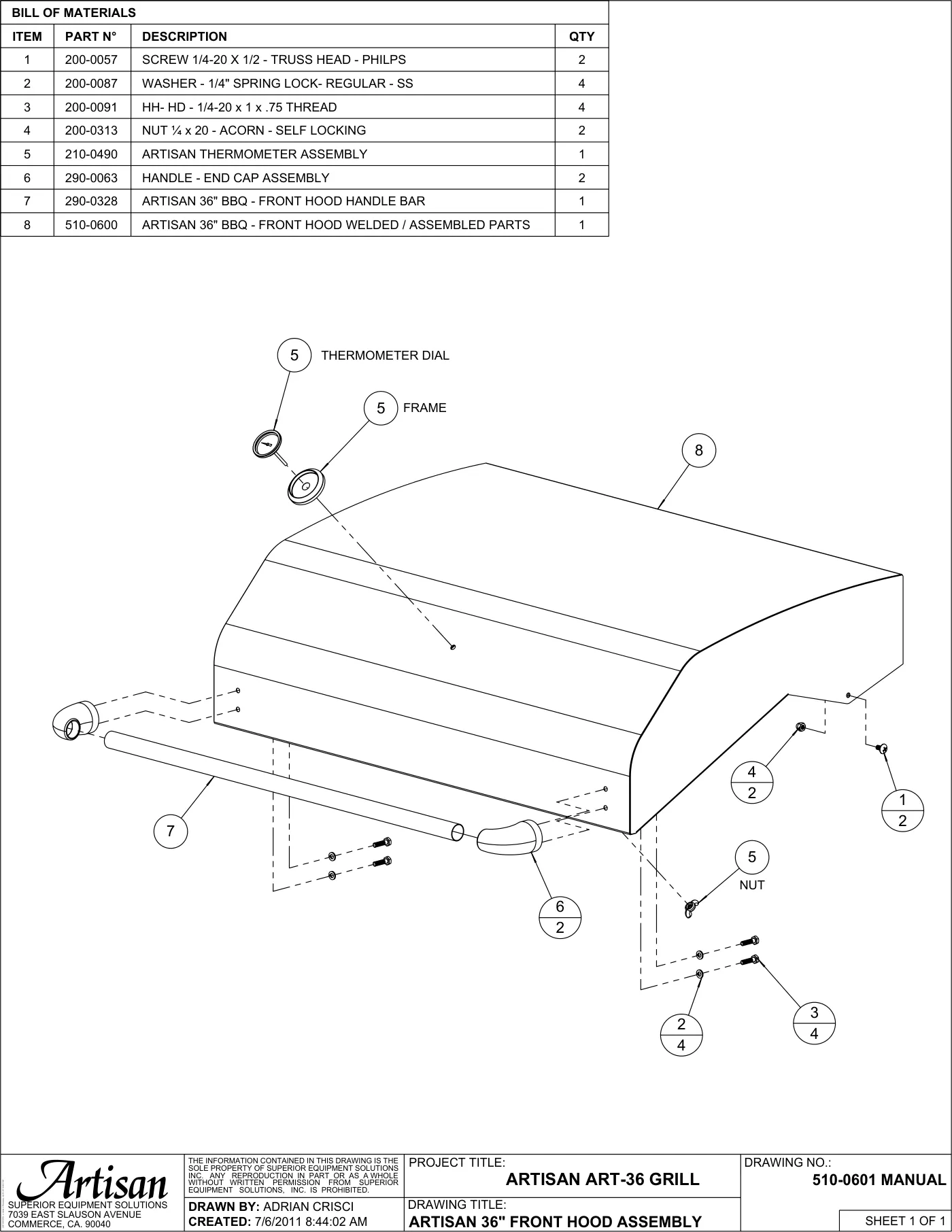 ART-36 Grill Front Hood Assembly parts diagram