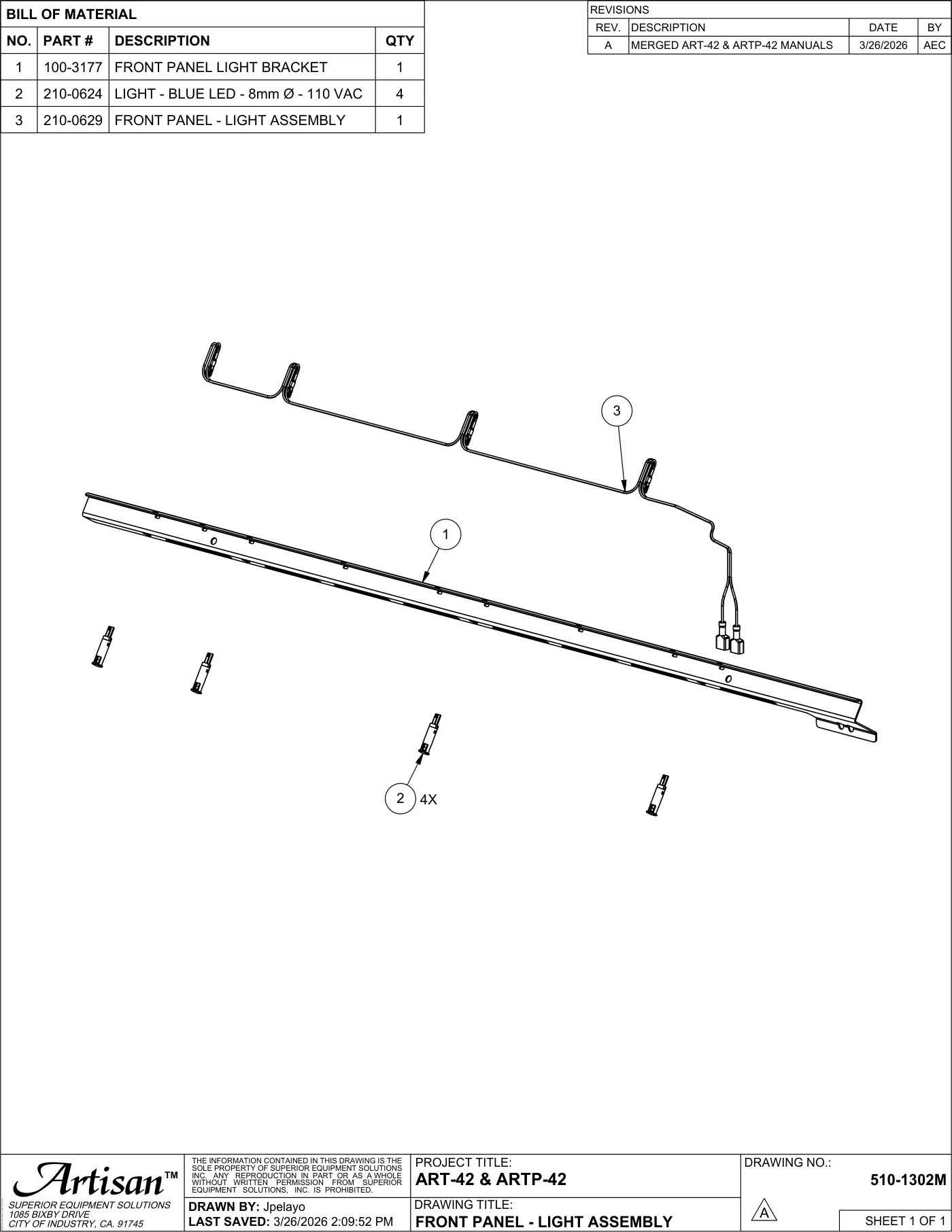 ART-42 and ARTP-42 Grill Front Panel - Light Assembly parts diagram