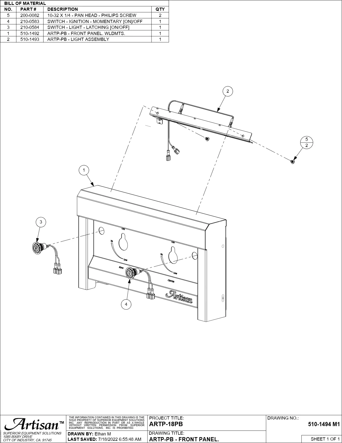 ARTP-18PB Power Burner Front Panel parts diagram