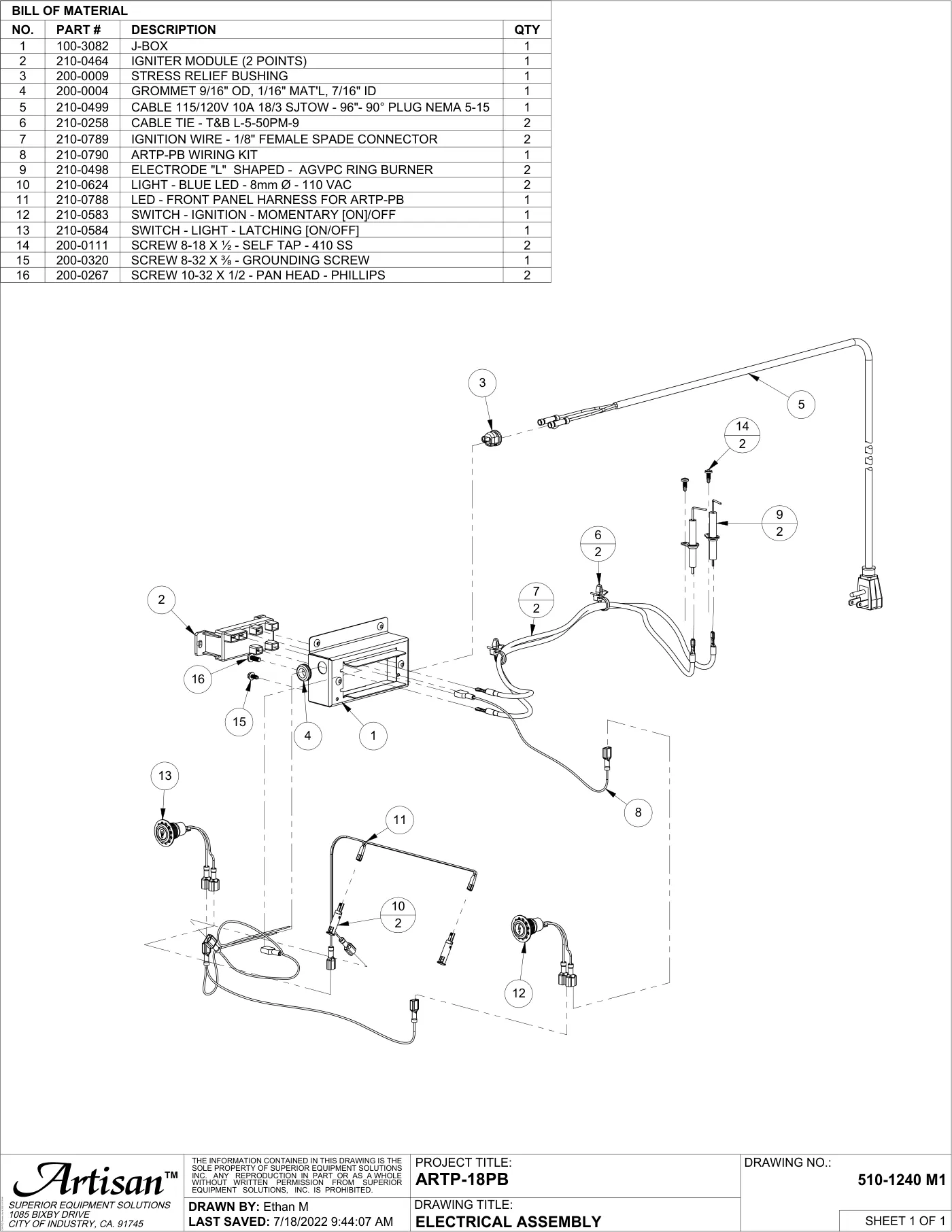 ARTP-18PB Power Burner Electrical Assembly parts diagram