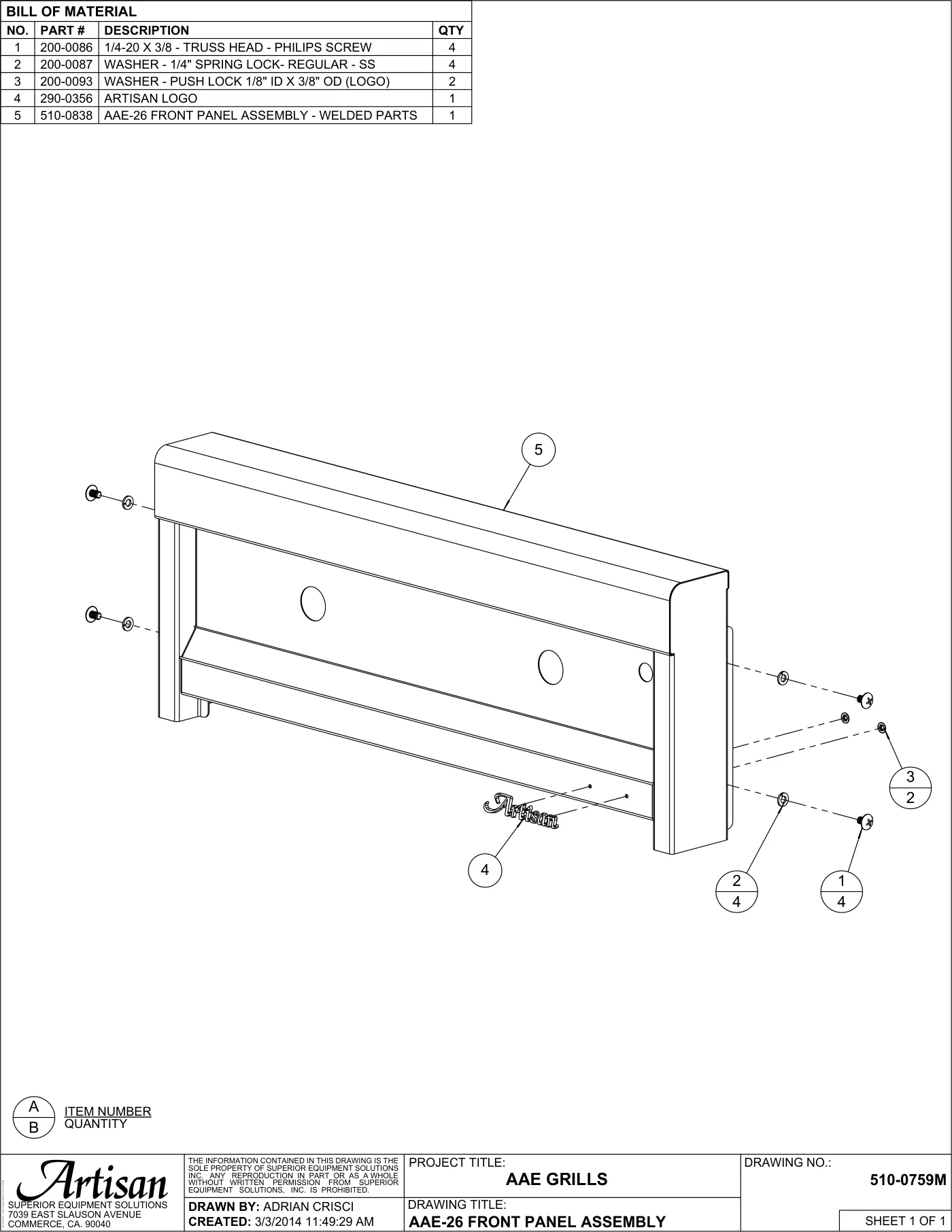 AAE-26 Grill Front Panel Assembly parts diagram