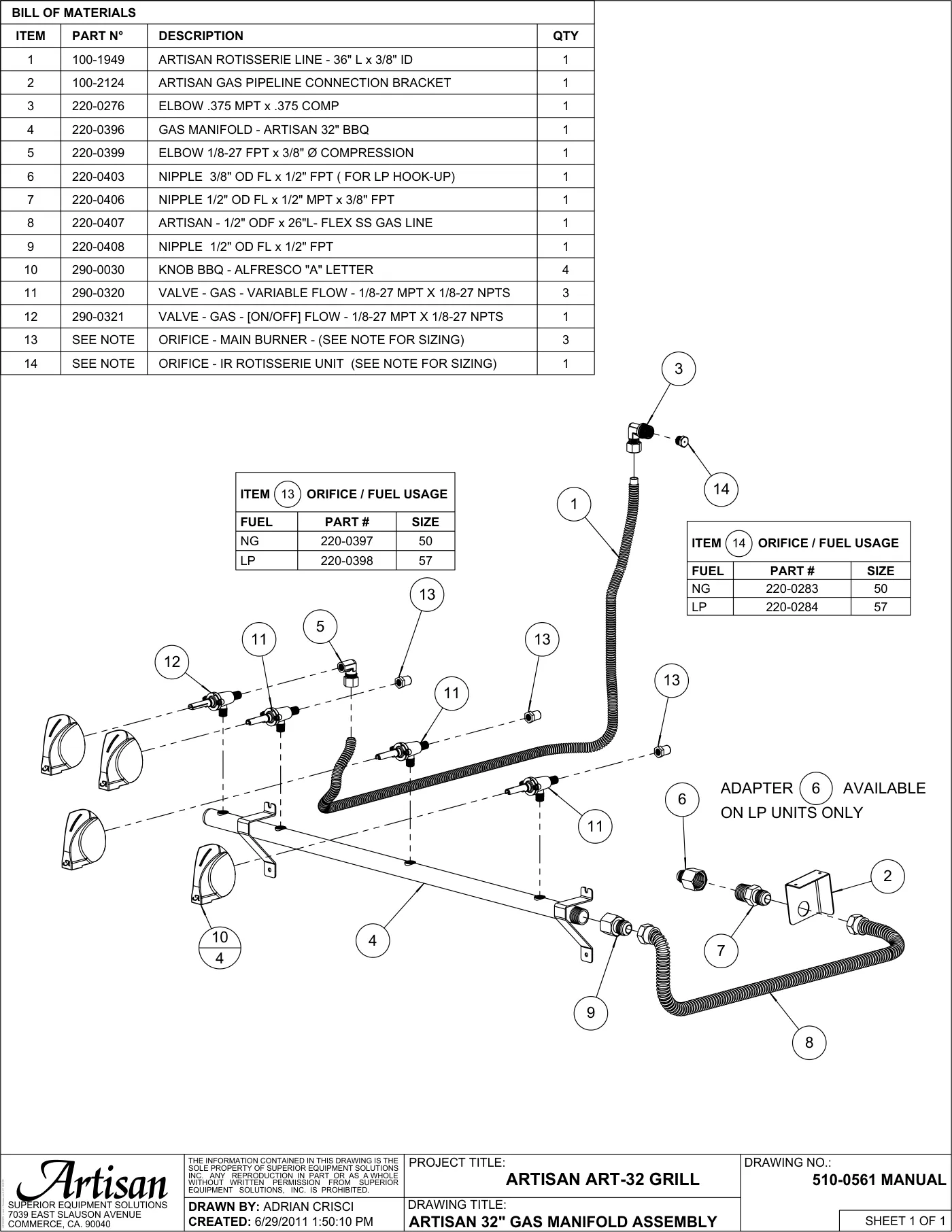 ART-32 Grill Gas Manifold Assembly parts diagram
