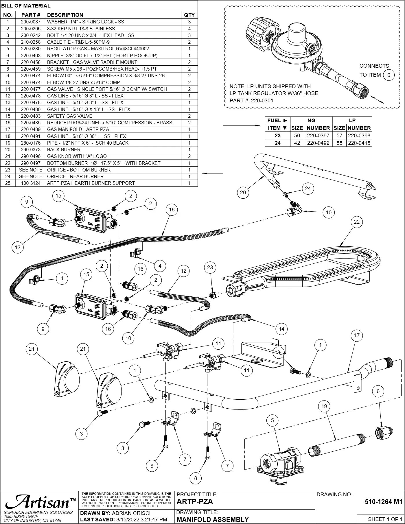 ARTP-PZA Pizza Oven Manifold Assembly parts diagram