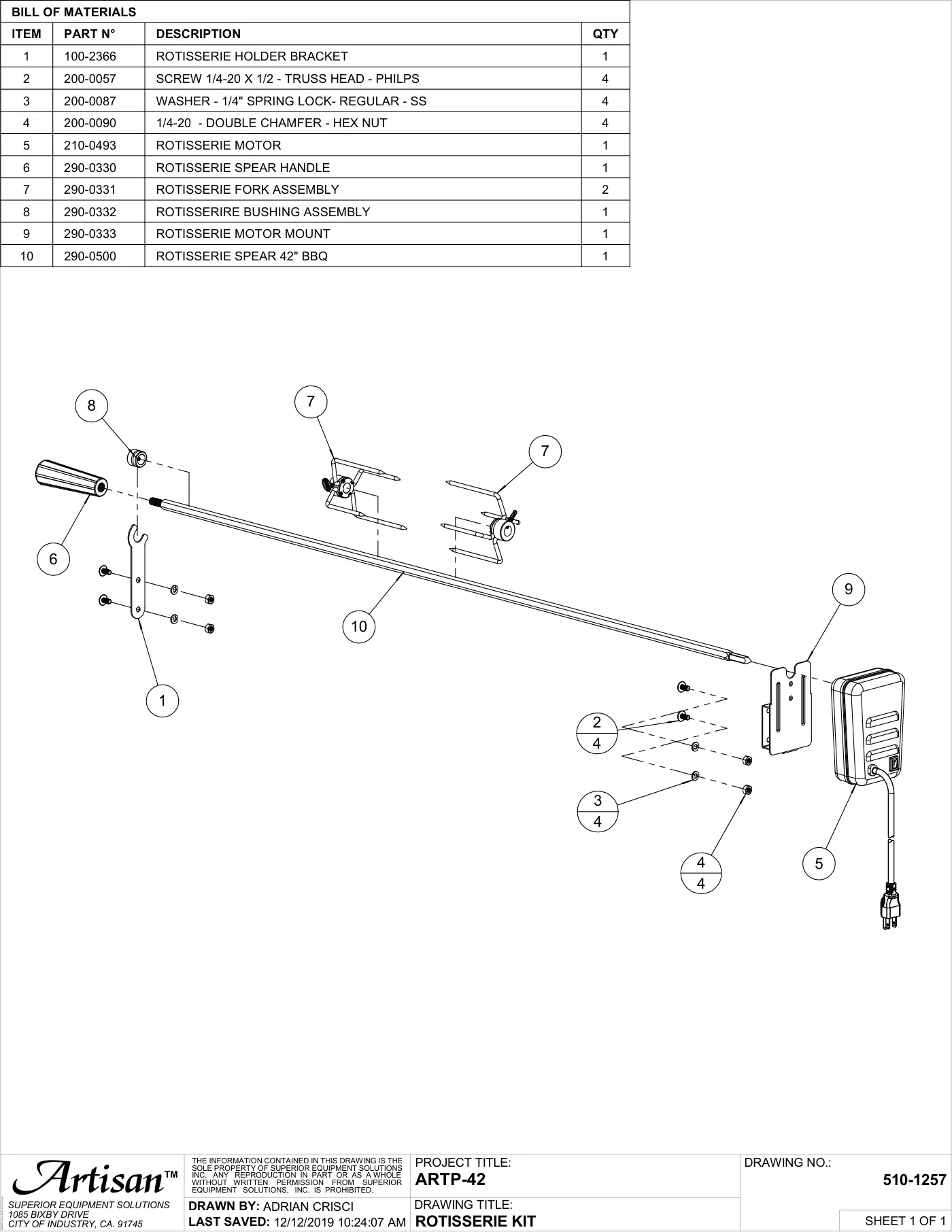 ARTP-42 Grill Rotisserie Kit parts diagram