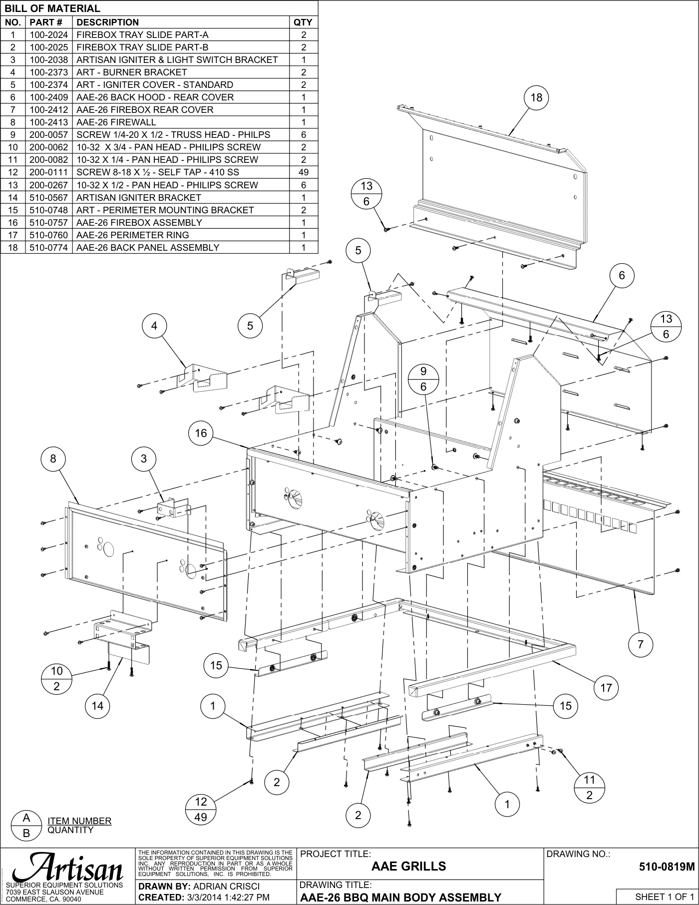 AAE-26 Grill BBQ Main Body Assembly parts diagram