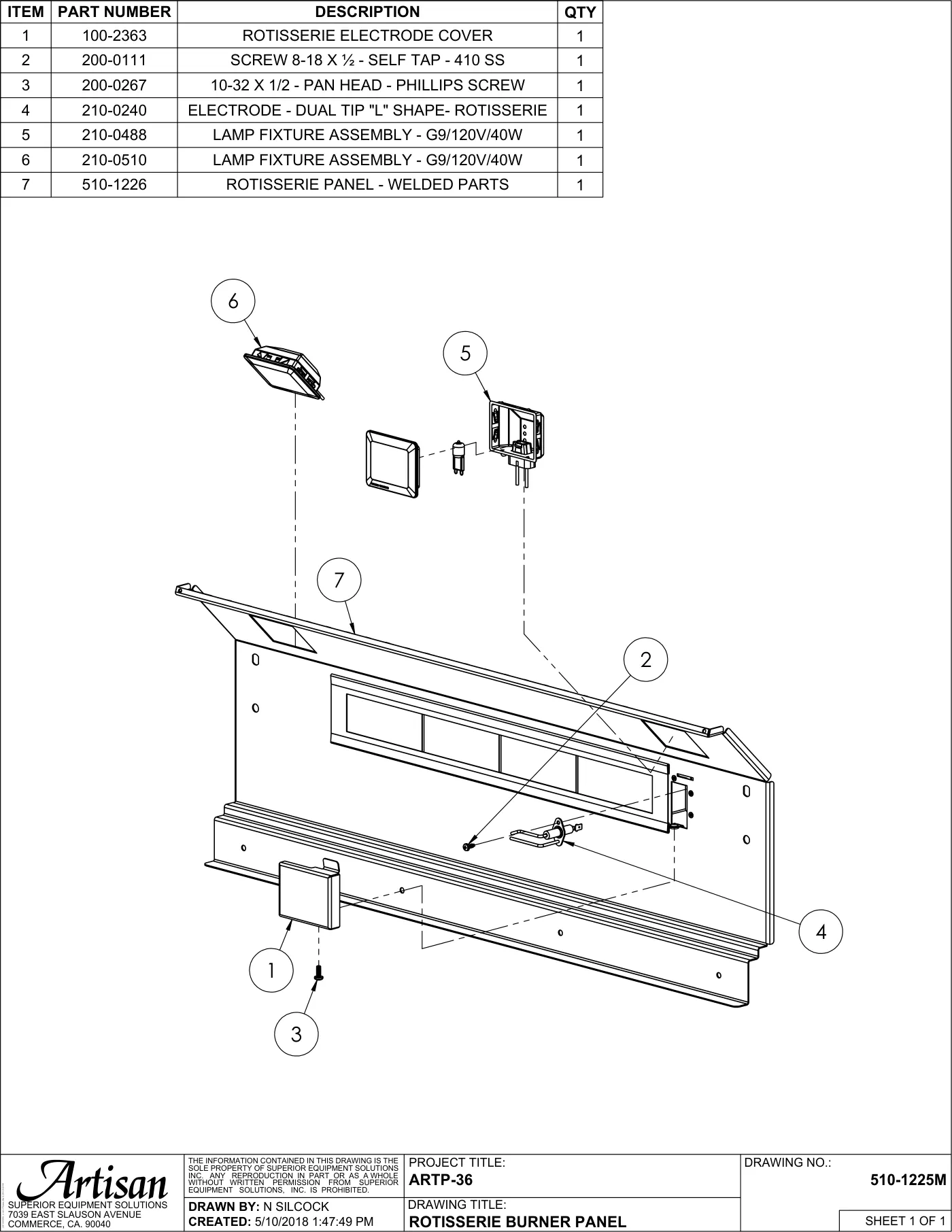 ARTP-36 Grill Rotisserie Burner Panel parts diagram