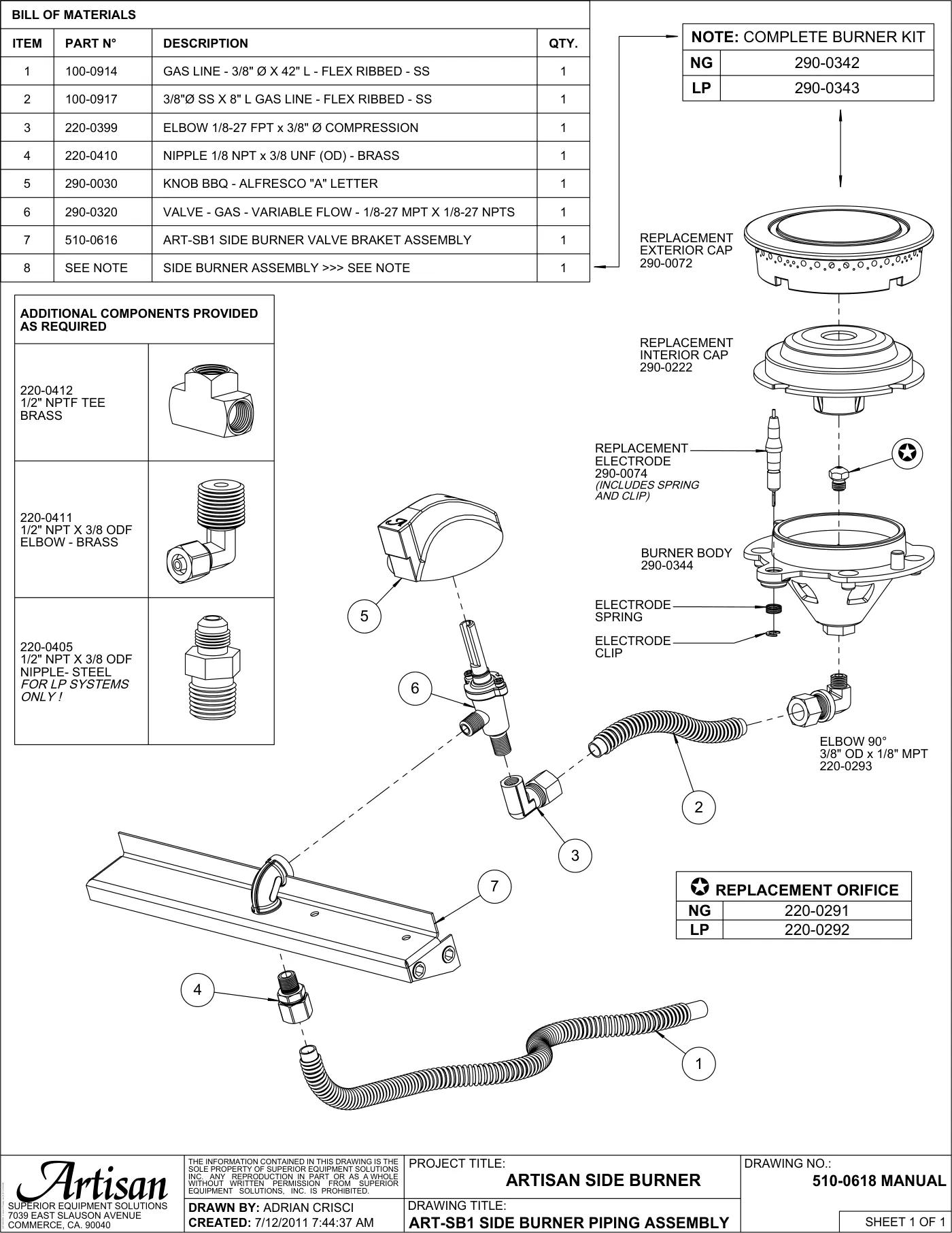 ART-SB1 Single Side Burner Side Burner Piping Assembly parts diagram