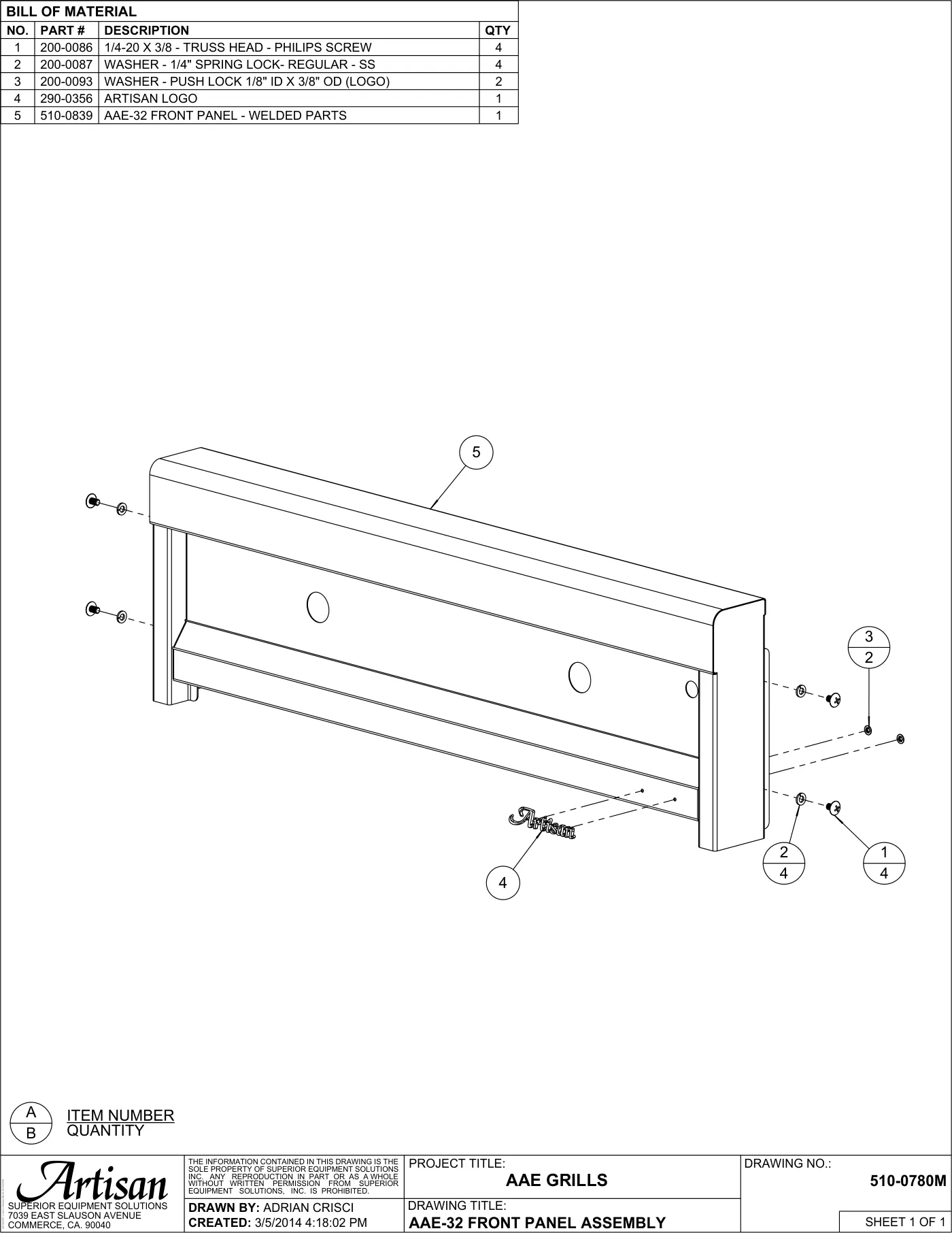 AAE-32 Grill Front Panel Assembly parts diagram