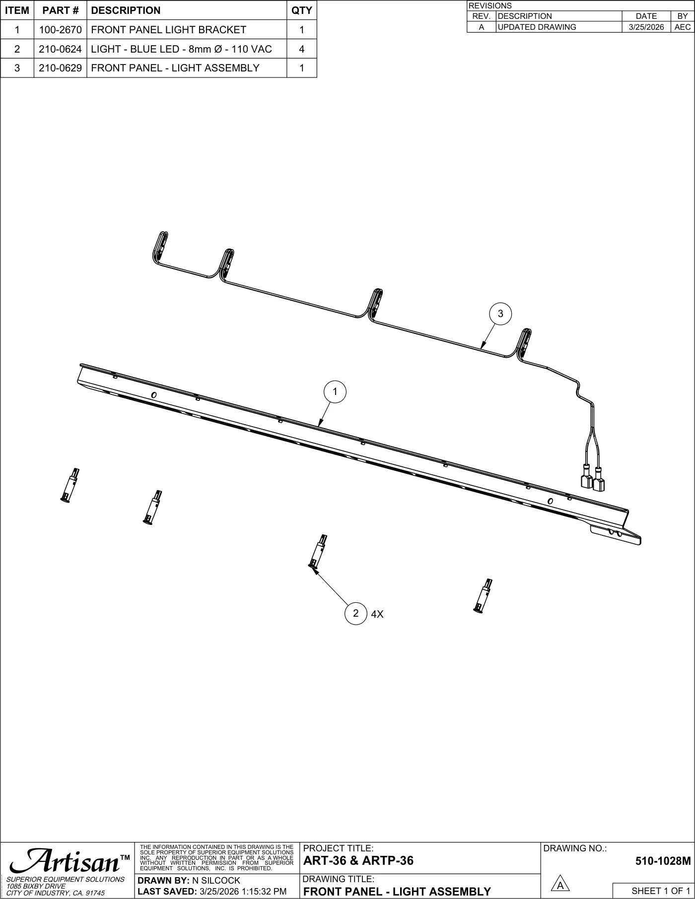 ART-36 and ARTP-36 Grill Front Panel - Light Assembly parts diagram