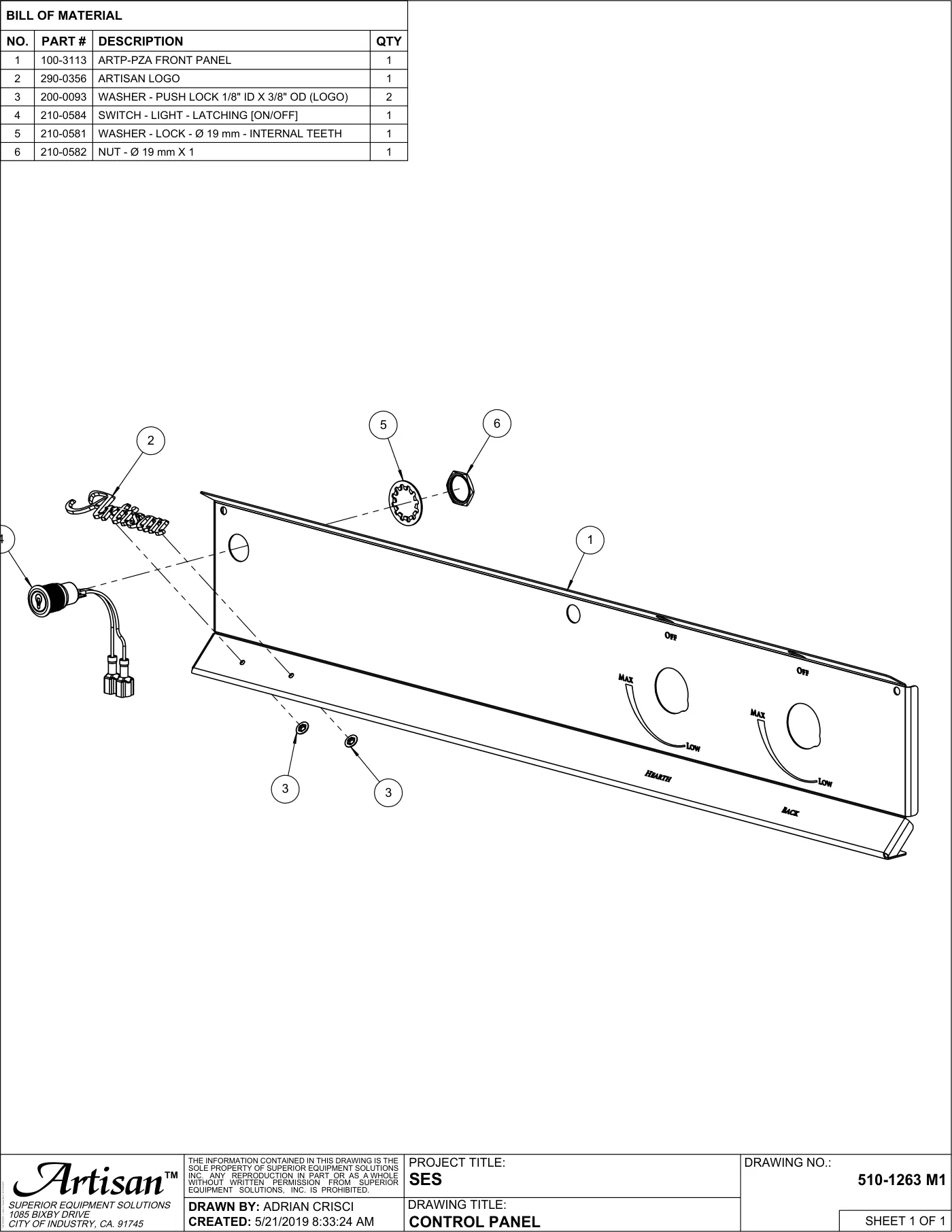 ARTP-PZA Pizza Oven Control Panel parts diagram